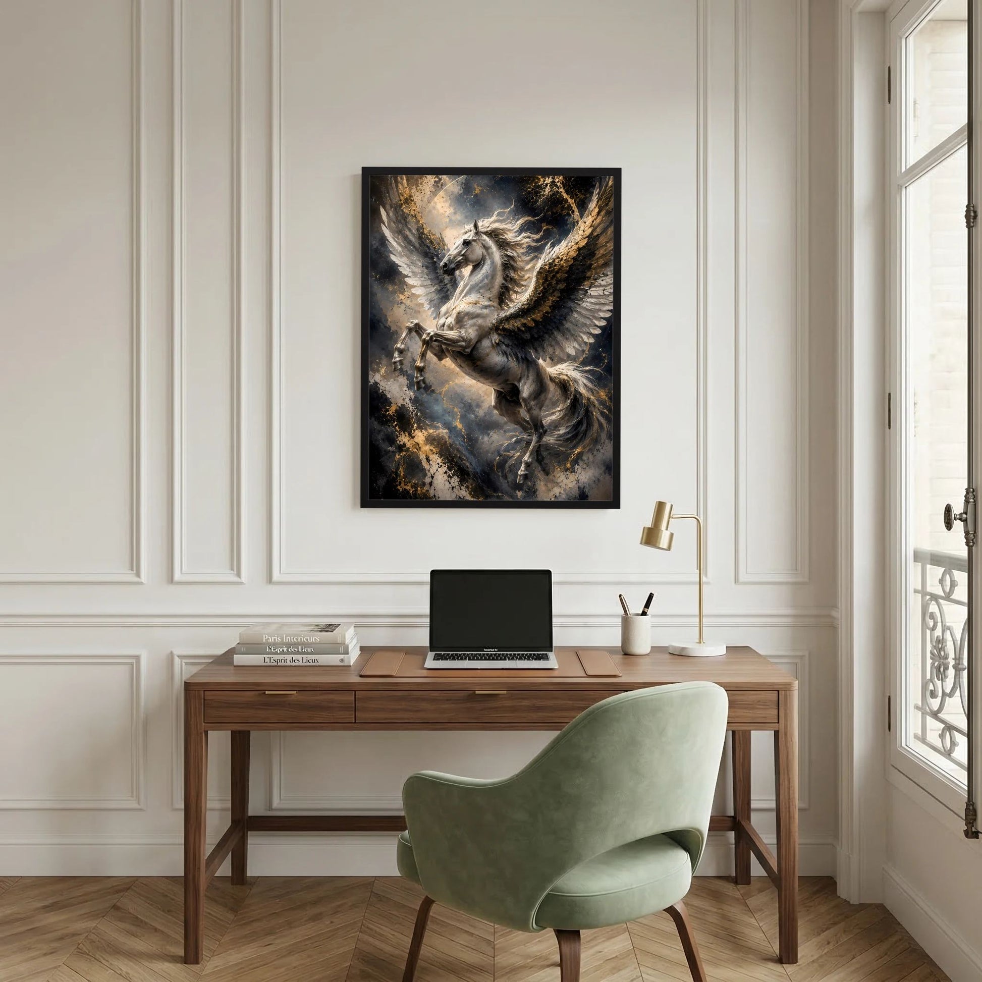 Poster mit Pegasus und goldenen Flügeln, dunkler Hintergrund, schwarzer Rahmen