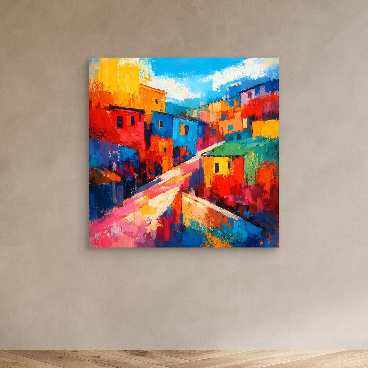 Abstraktes Favela-Leinwandbild: bunte Häuser und Straße, ohne Rahmen (quadratisch)
