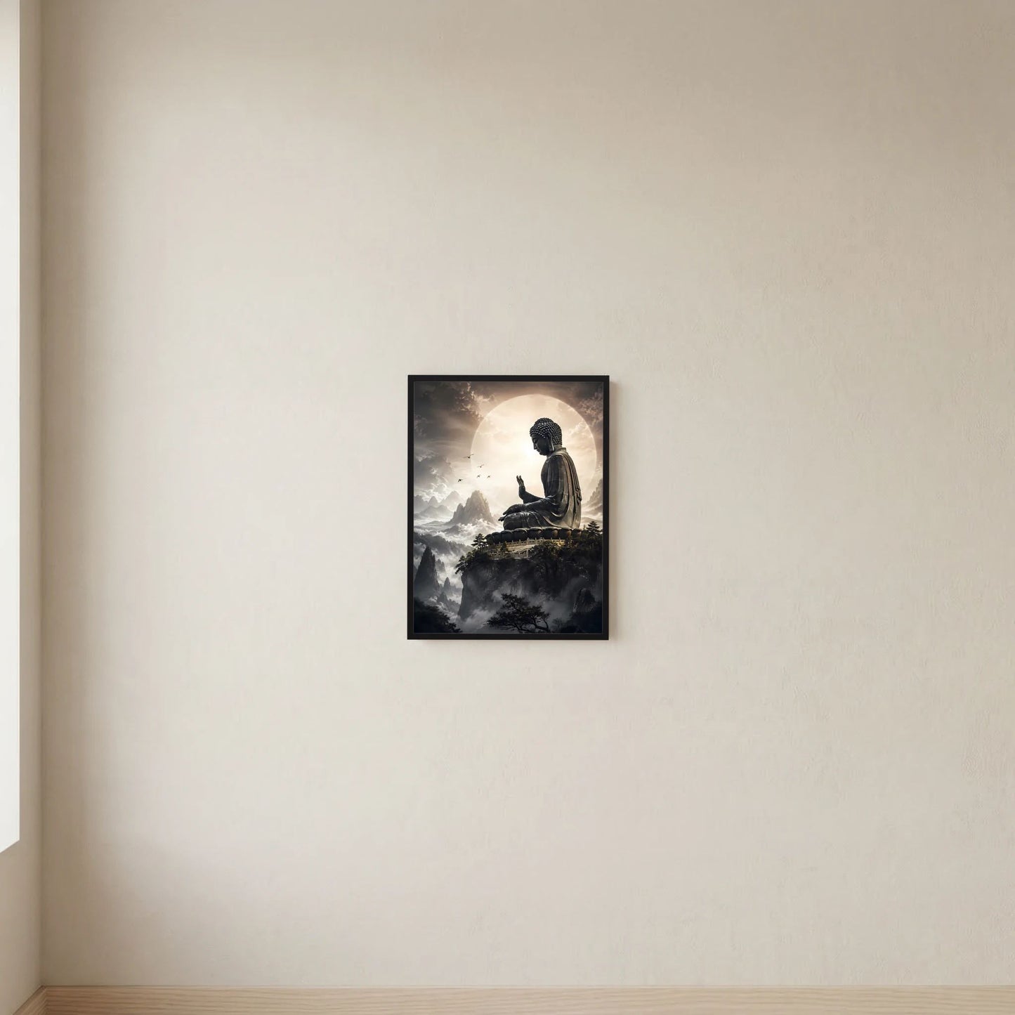 Poster mit sitzendem Buddha über Wolken, schwarz gerahmt, Hochformat