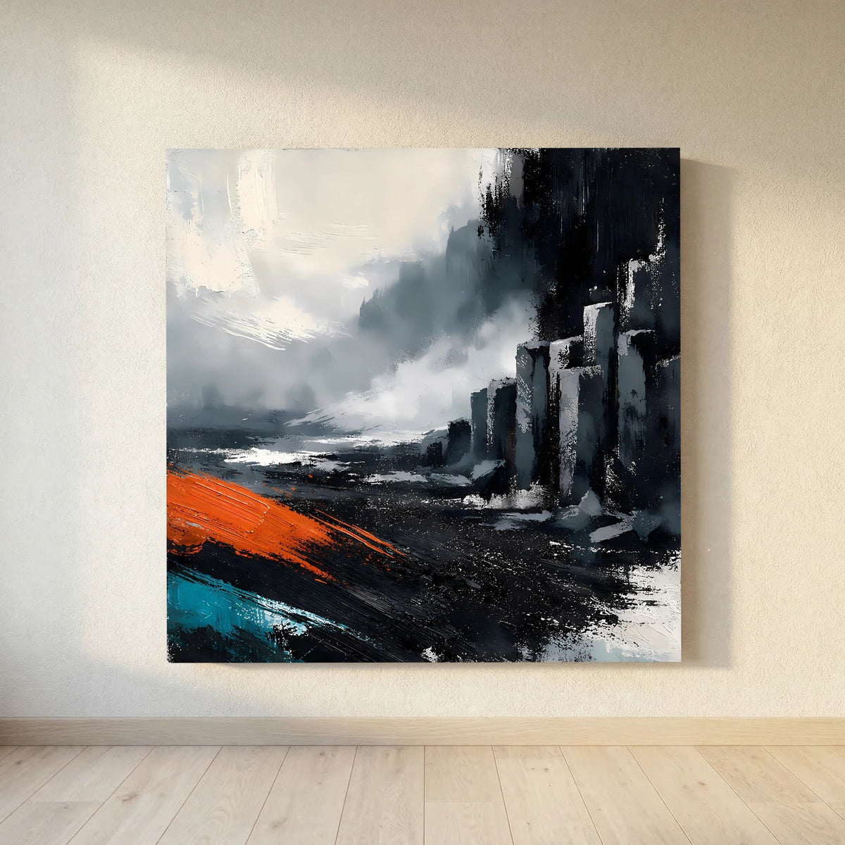 Leinwand Abstraktes Basaltsäulen Gemälde | Modernes Isländisches Vulkan Wandbild Schwarz Orange