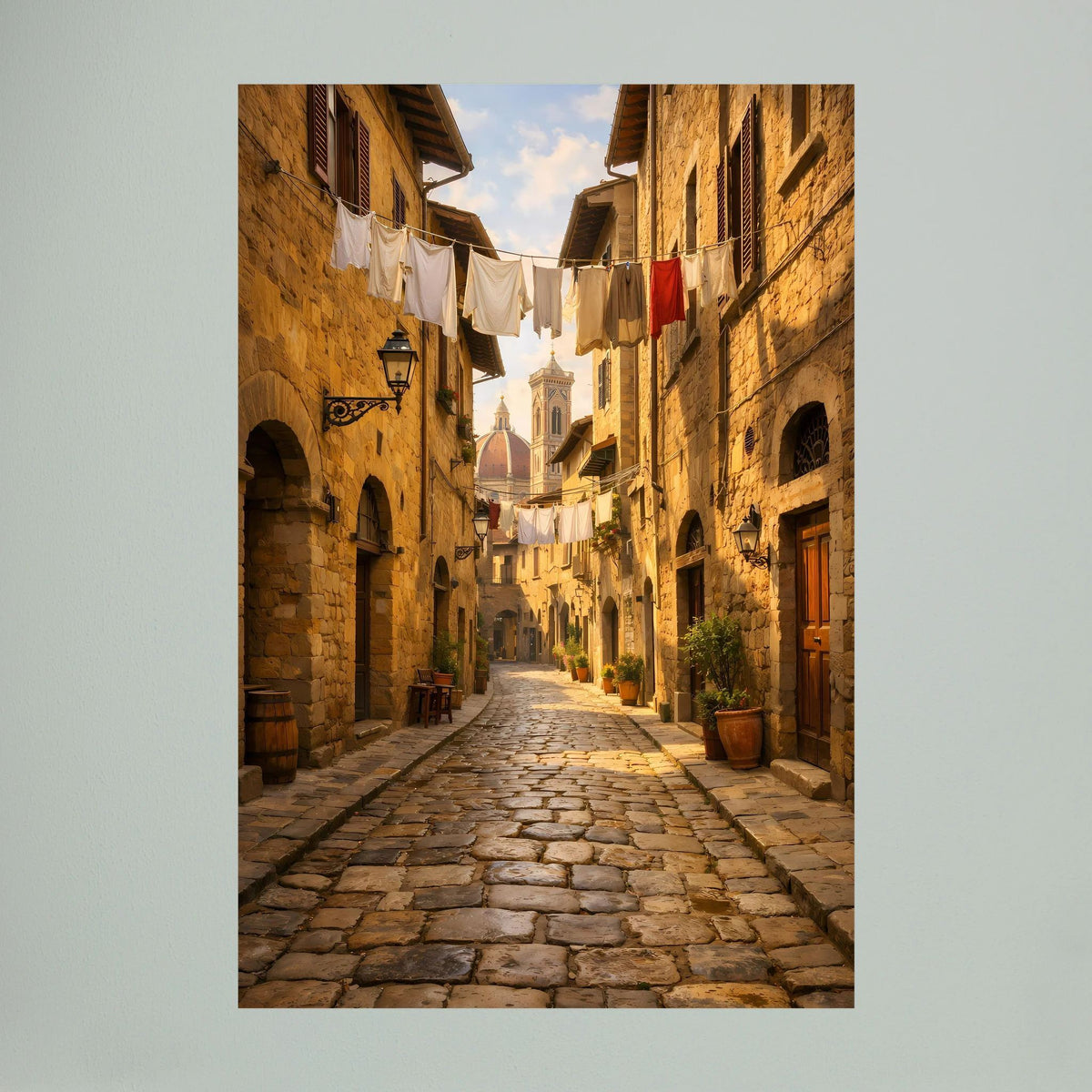 Hochformatiges Wandbild mit Blick in die historische Gasse, Wäscheleinen und Kopfsteinpflaster