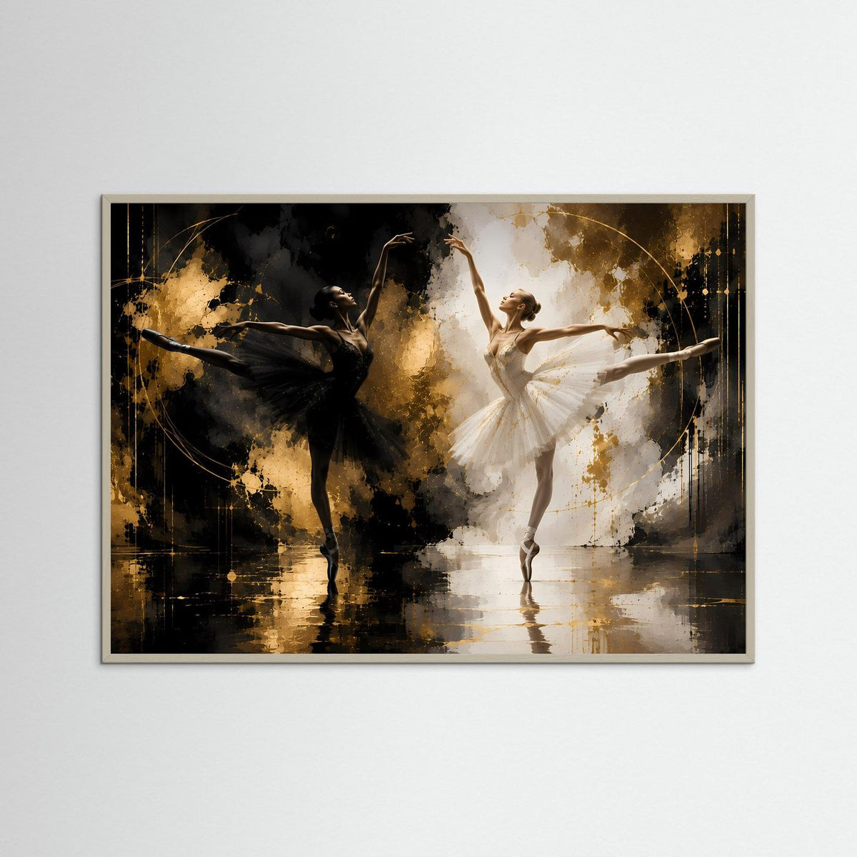 Gerahmtes Querformat-Poster mit Balletttänzerin in Weiß und Tänzer in Schwarz, goldene Akzente