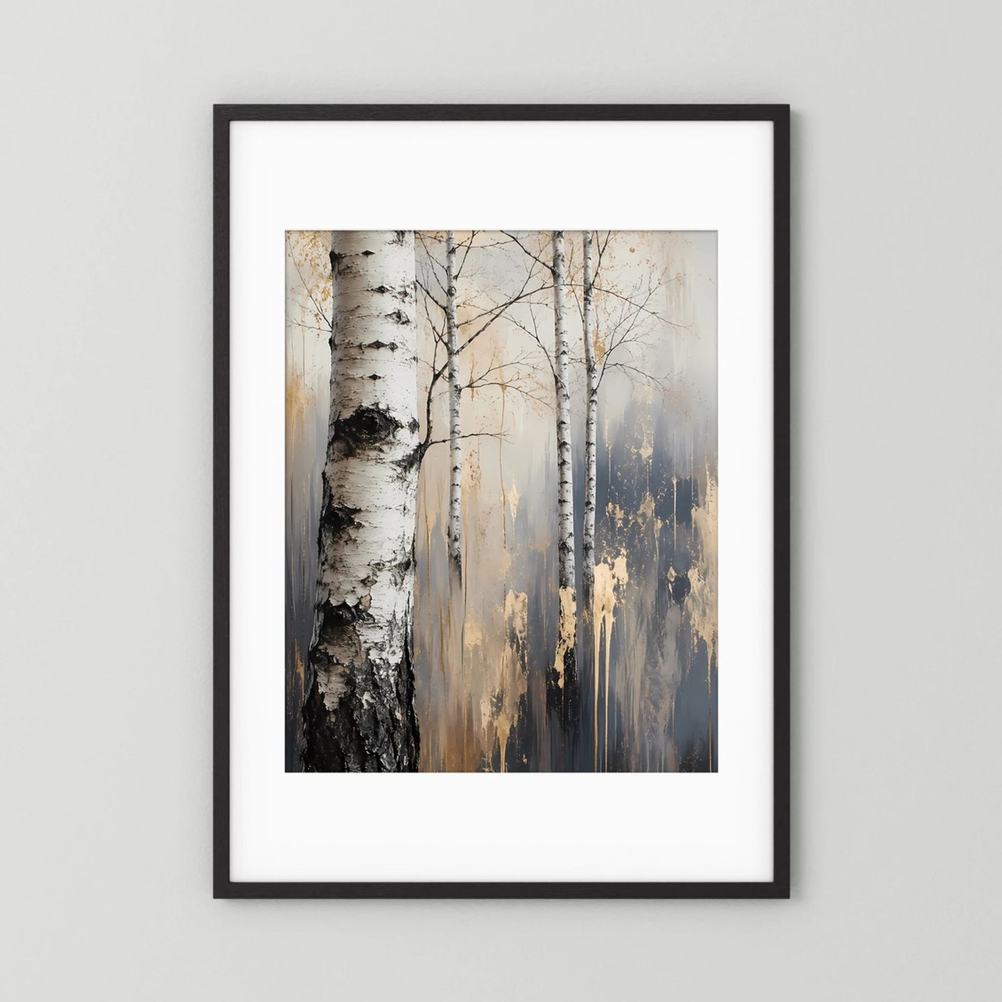 Hochformat-Poster mit Birkenwald-Motiv, schwarzer Rahmen und weißer Passepartout.