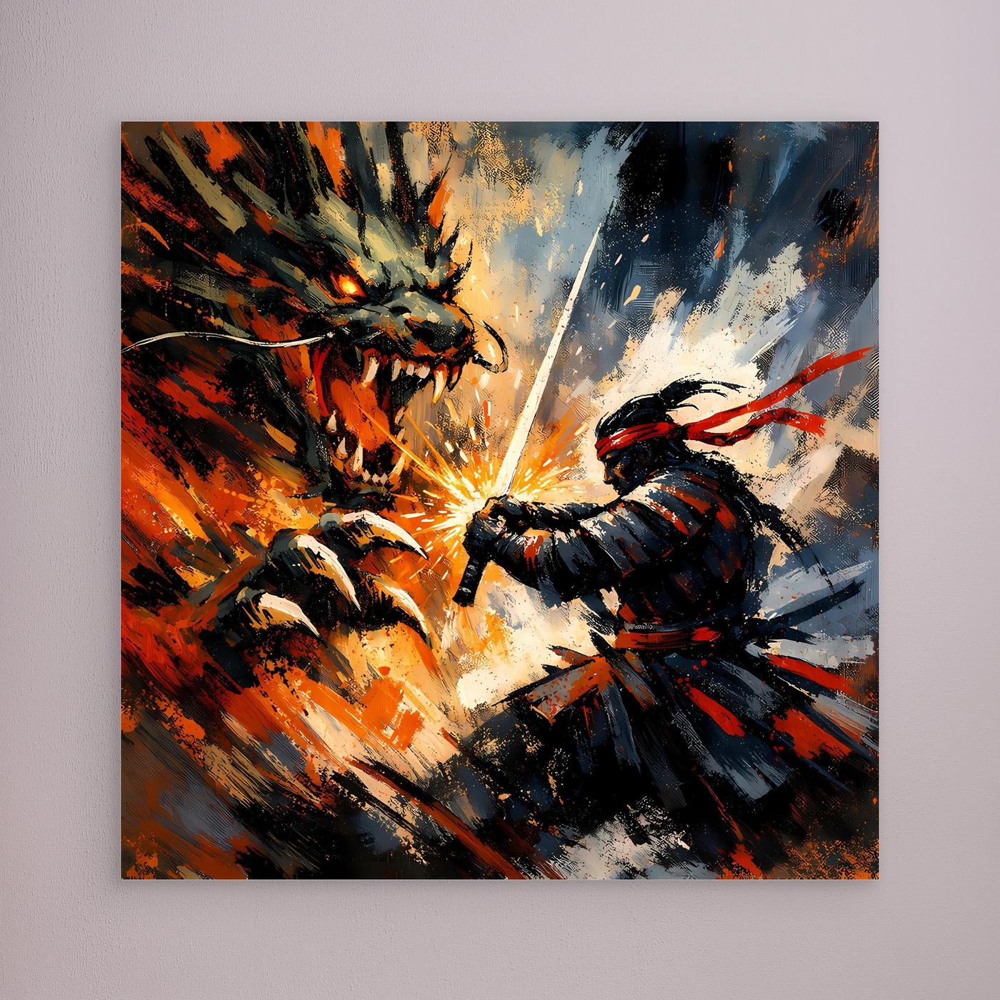 Premium Leinwand Samurai gegen Drache | Abstraktes Fantasy Wandbild Voller Dynamik & Kampfgeist