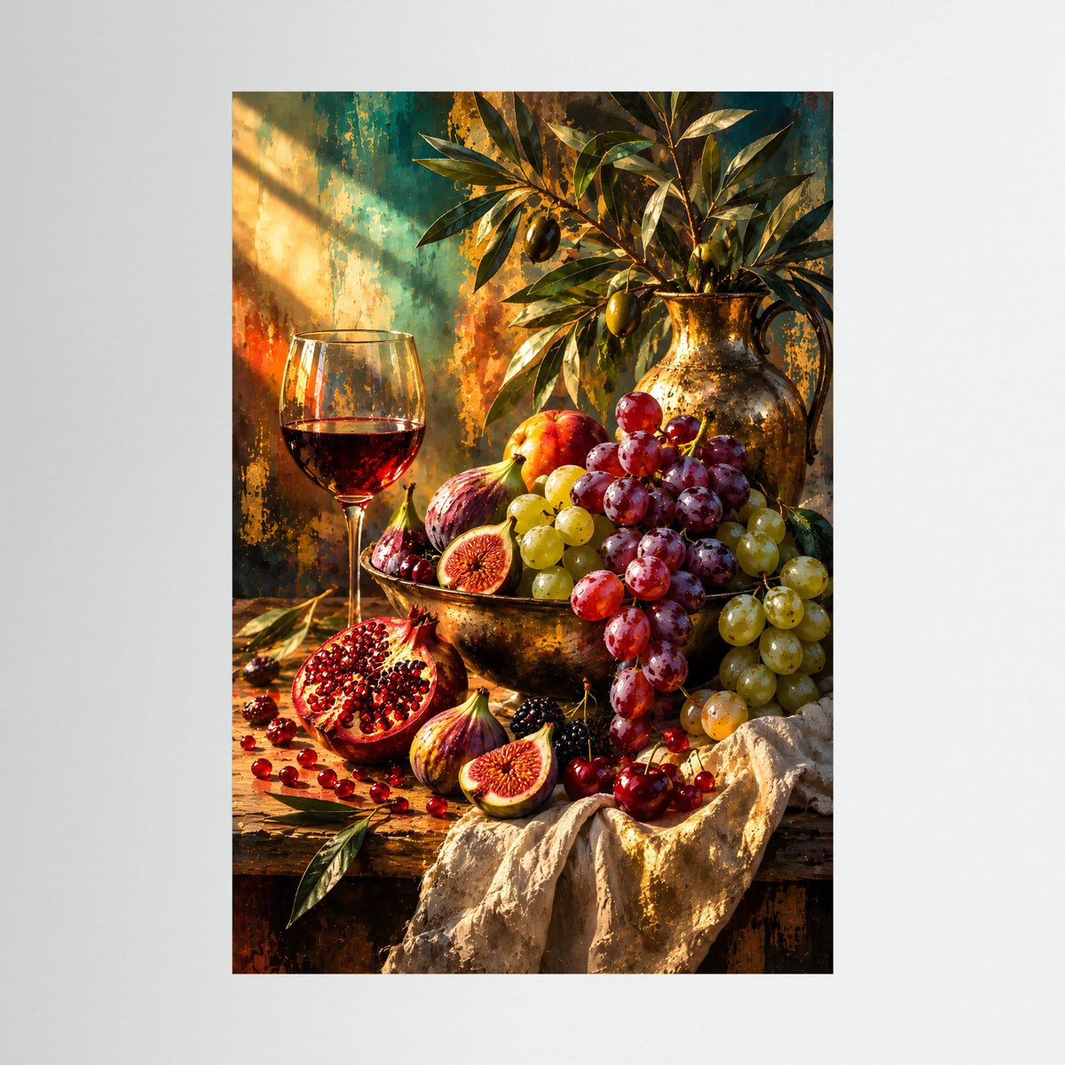 Hochformat-Poster mit Wein, Trauben, Feigen und Granatapfel im mediterranen Stillleben