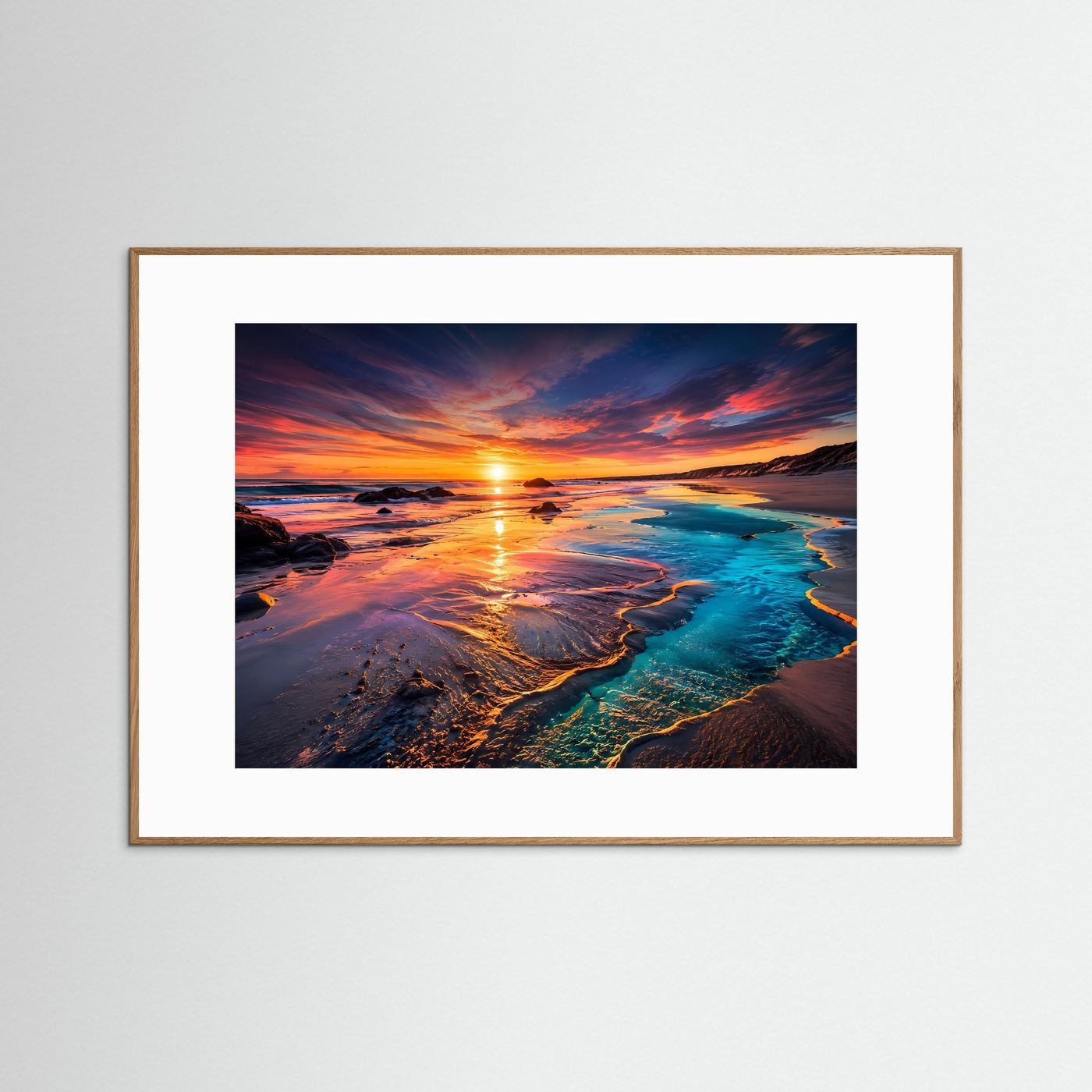 Sonnenuntergang Strand Poster | Türkis Küste Wandbild | Moderne Landschaft Kunst | Ozean Fine Art | Panorama Leinwand