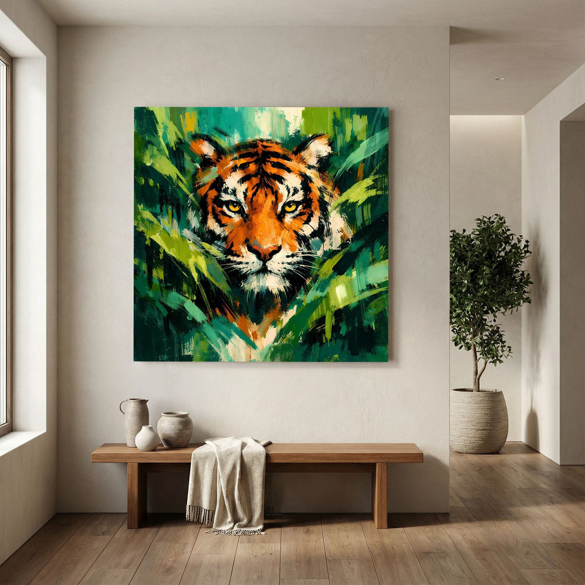 Leinwand Abstraktes Tiger Gemälde | Modernes Wandbild Raubkatze Dschungel Grün Orange