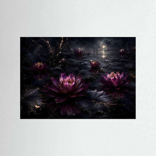 Dunkles Seerosen-Wandbild mit violetten Blüten und Lichtreflexen auf dunklem Wasser