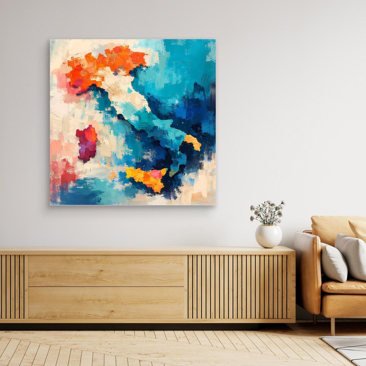 Abstract Italy map wall art with blue and orange paint strokes, unframed canvas