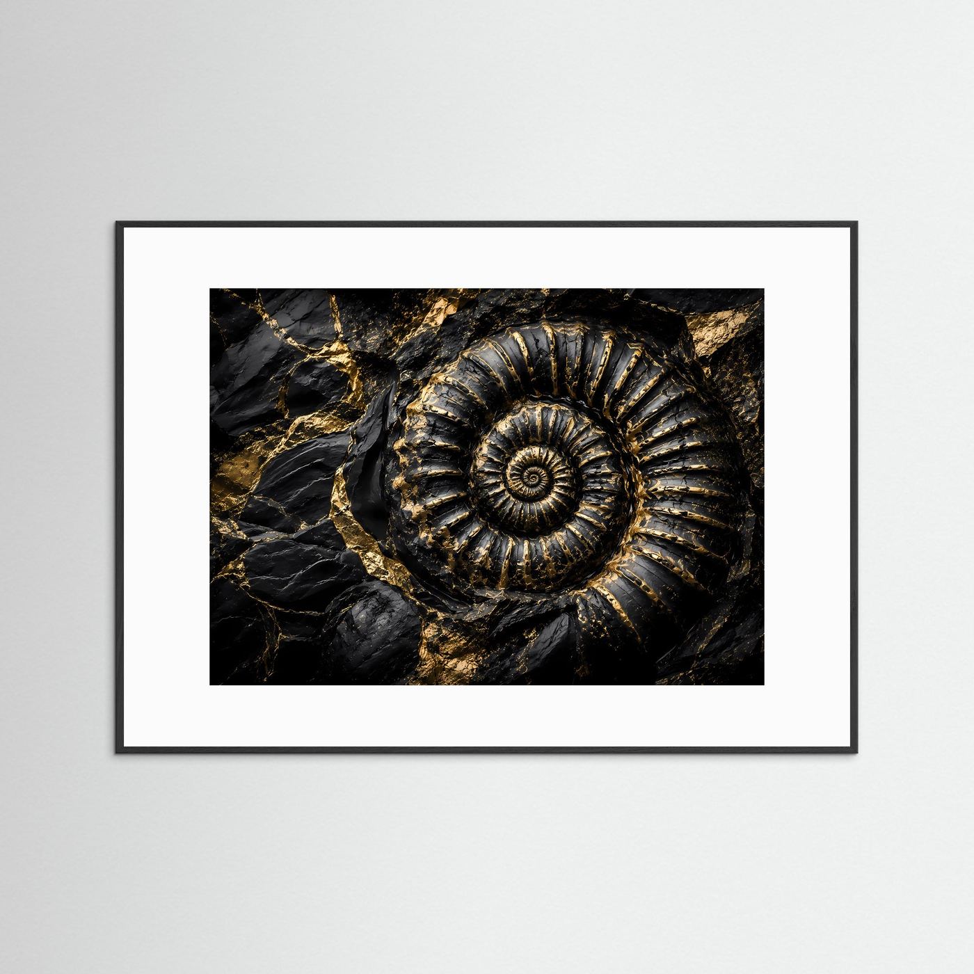 Ammonit Fossil Wandbild | Schwarz Gold Kunst | Geologie Poster | Luxus Leinwand | Prähistorische Natur Wanddeko | Moderne Wall Art