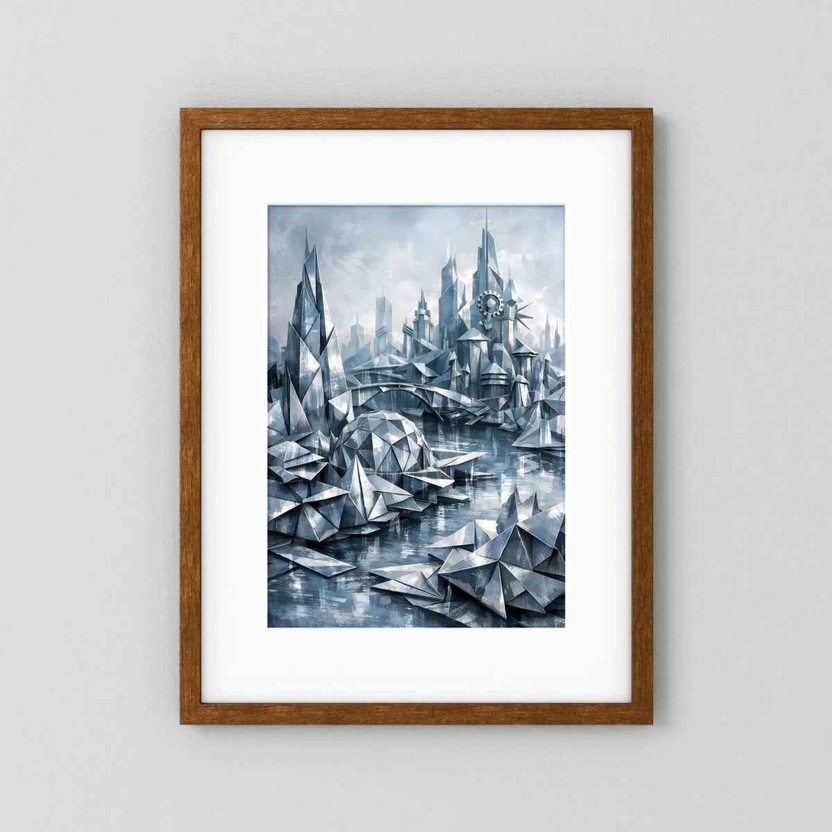 Futuristisches Stadtposter mit silbern-blauer Geometrie, im braunen Holzrahmen.