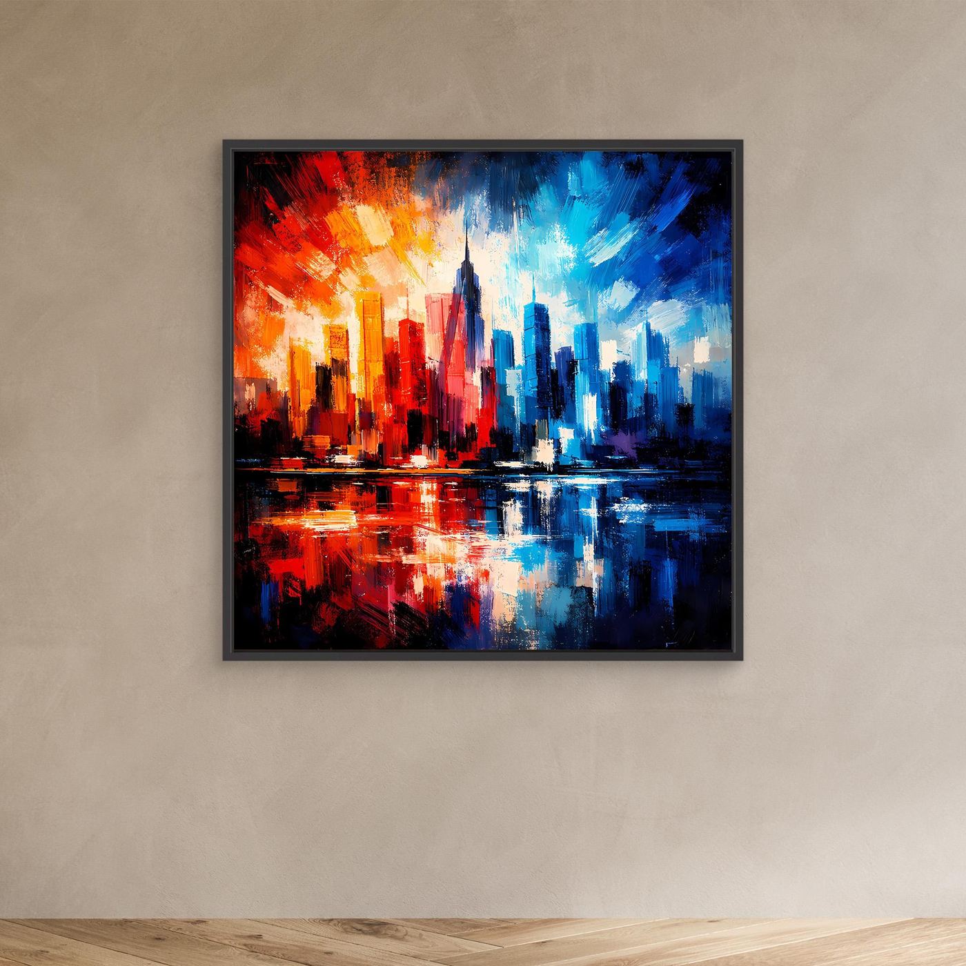 Leinwandbild mit abstrakter Skyline in Rot-, Blau- und Gelbtönen, schwarzer Rahmen.