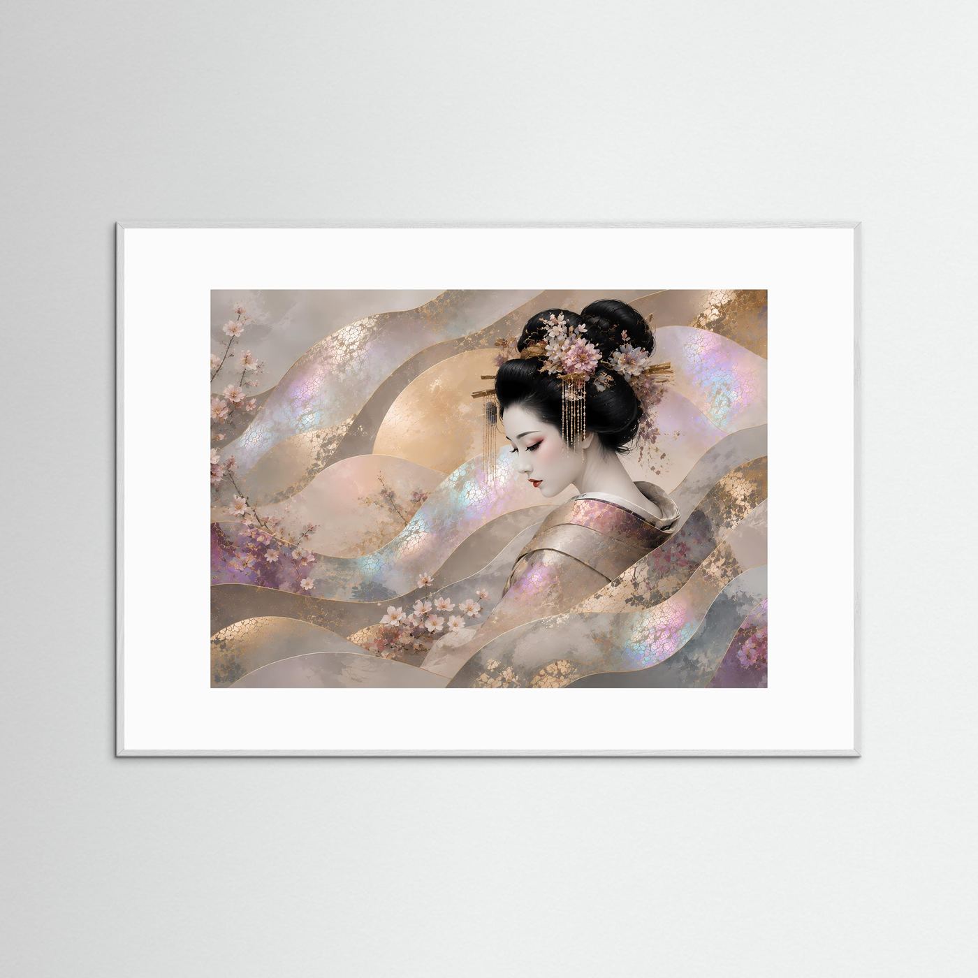 Japanische Wandkunst mit Geisha und Kirschblüten, weißer Rahmen, weißes Passepartout