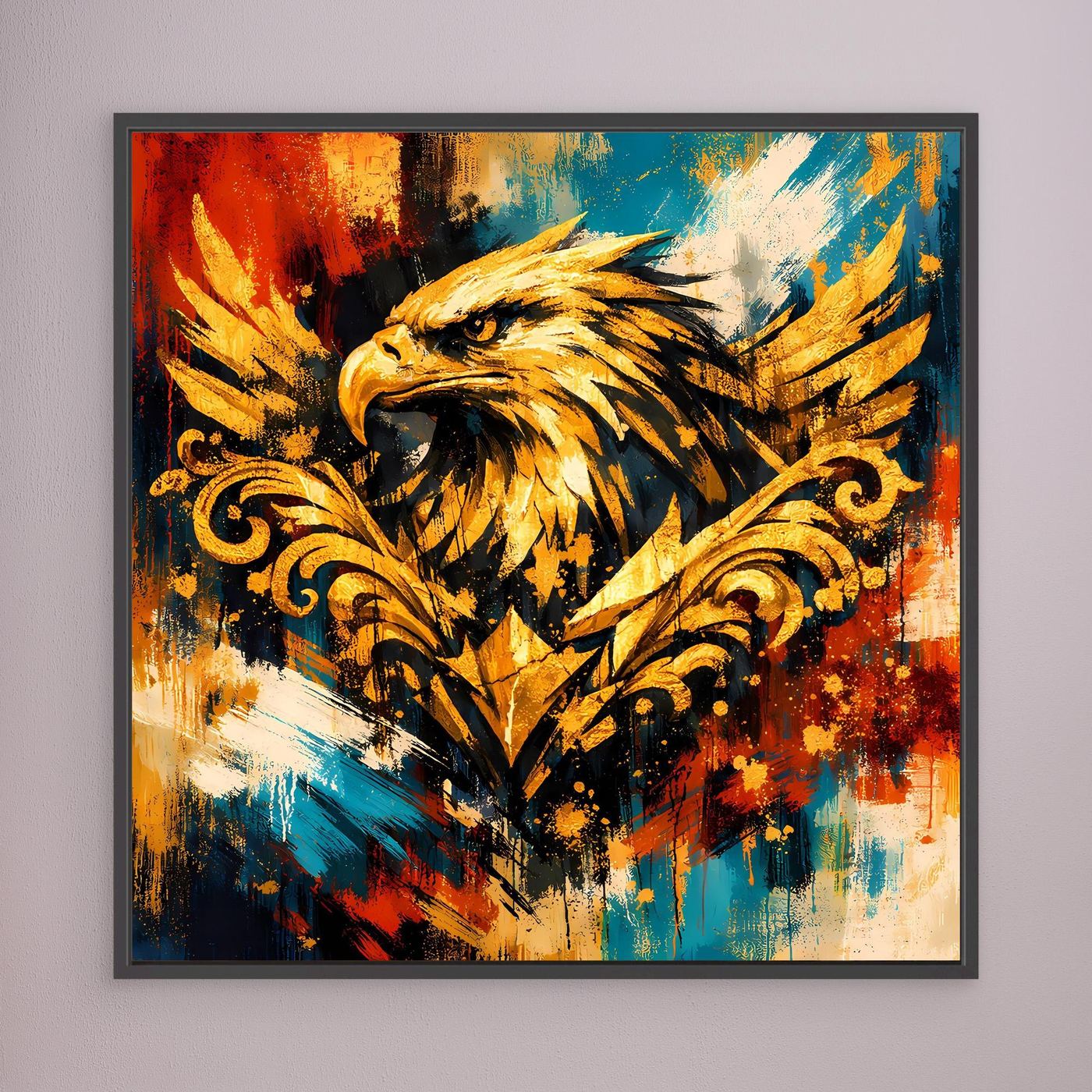 Leinwand-Wandbild mit goldenem Adler im Barockstil, abstrakt, dunkler Rahmen