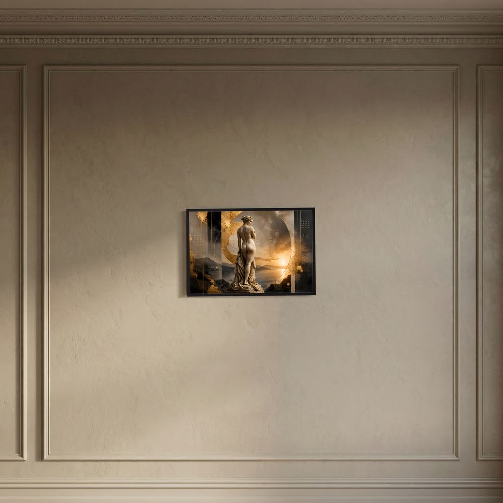 Gerahmtes Querformat-Poster: Bronzene Frauenskulptur, gold-schwarz mit Mond- und Lichtmotiv