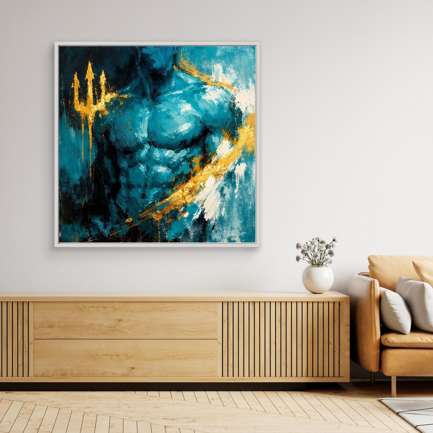 Leinwand Kraftvoller Poseidon in Türkis | Abstraktes Meeresgott Wandbild Gold