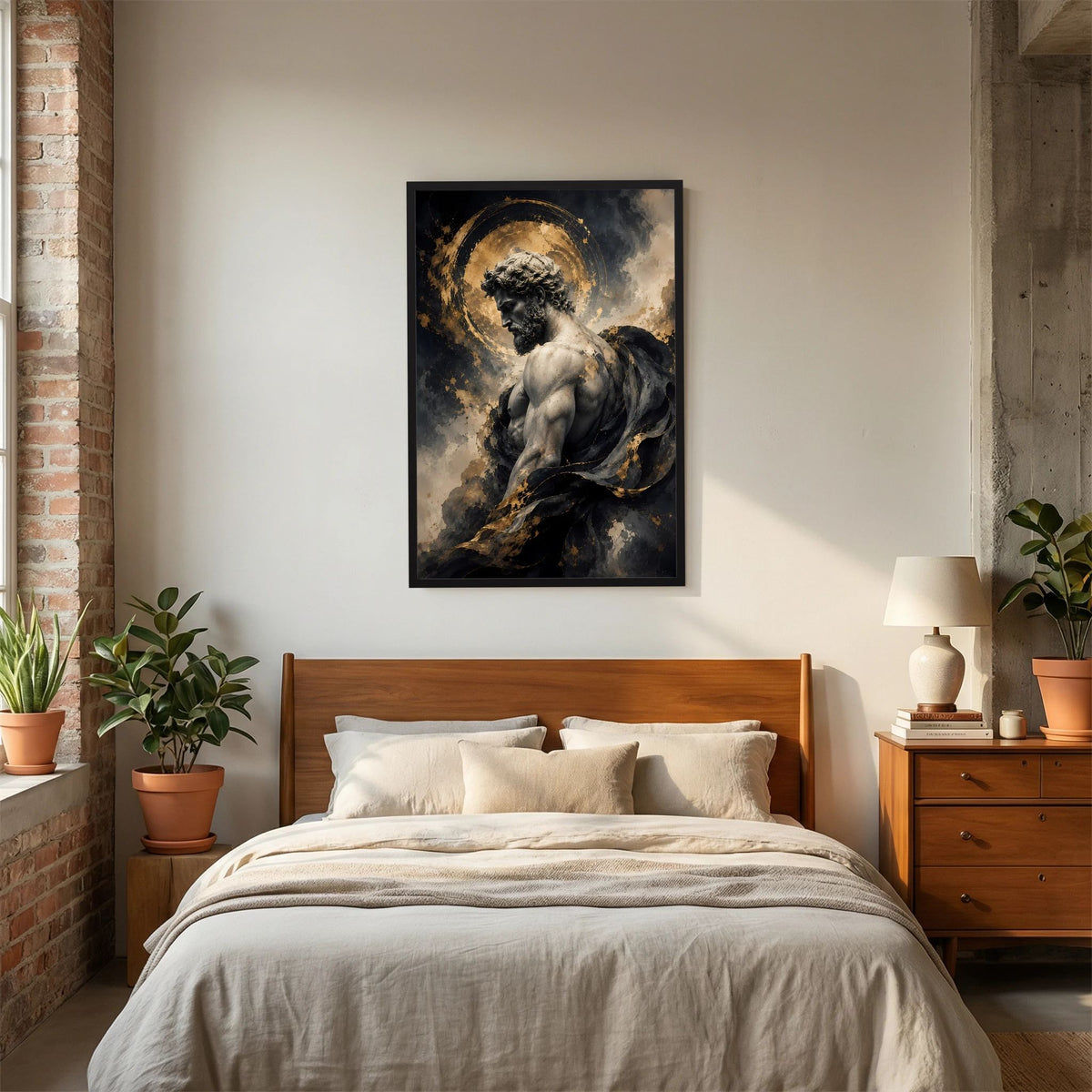 Gerahmtes Hochformat-Kunstposter: nackter Mann mit goldenem Heiligenschein auf dunklem Hintergrund.