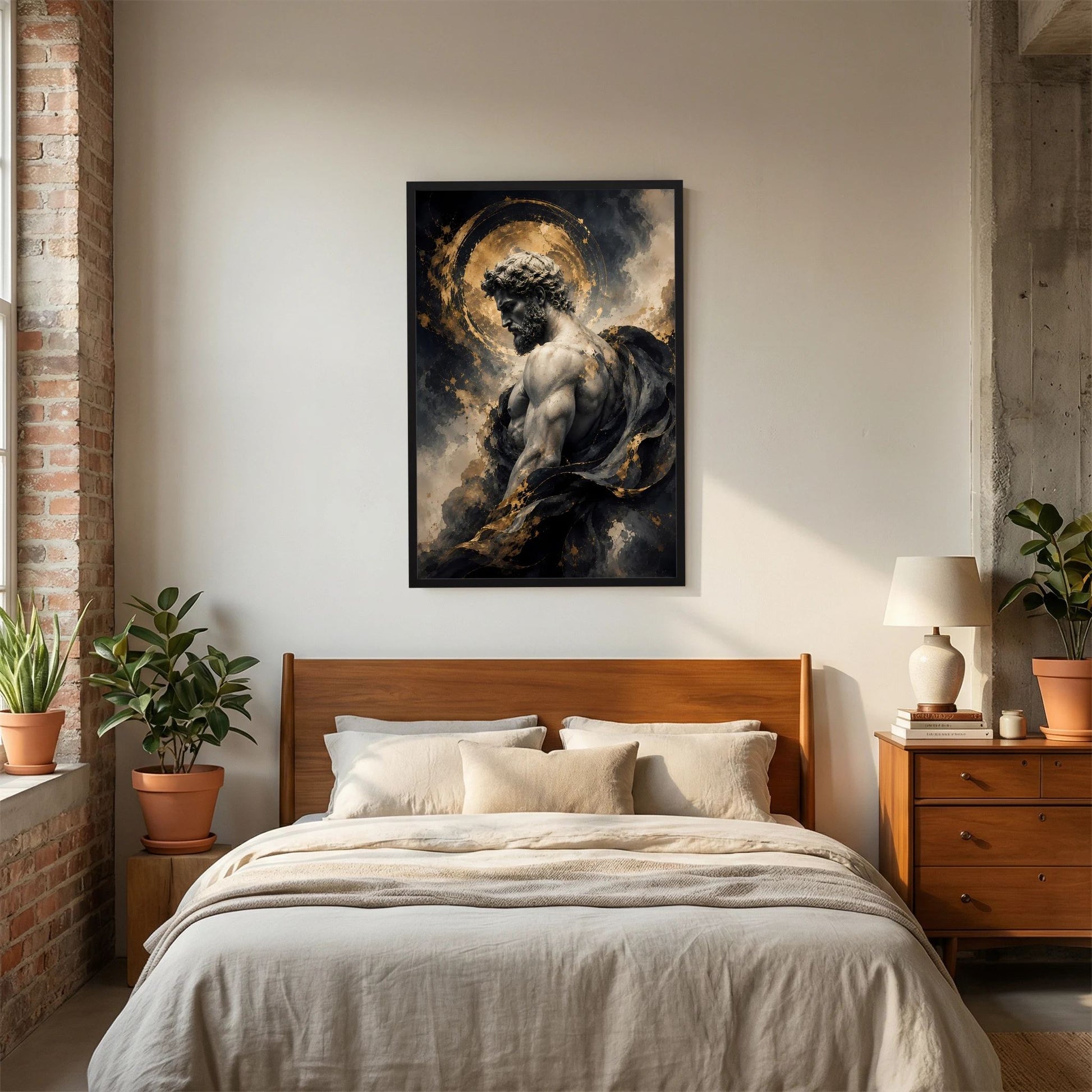 Gerahmtes Hochformat-Kunstposter: nackter Mann mit goldenem Heiligenschein auf dunklem Hintergrund.