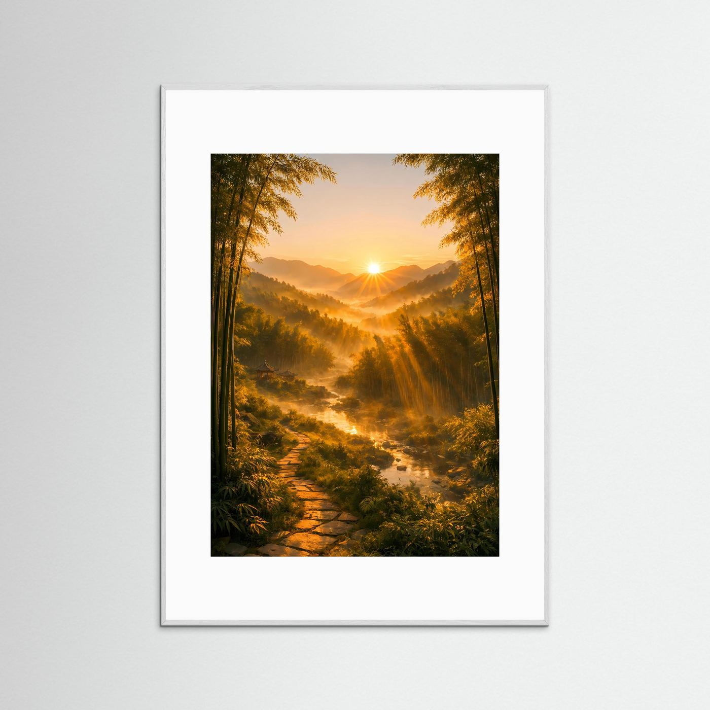 Wandposter im Hochformat mit Waldweg, goldenem Sonnenaufgang und hellem Rahmen