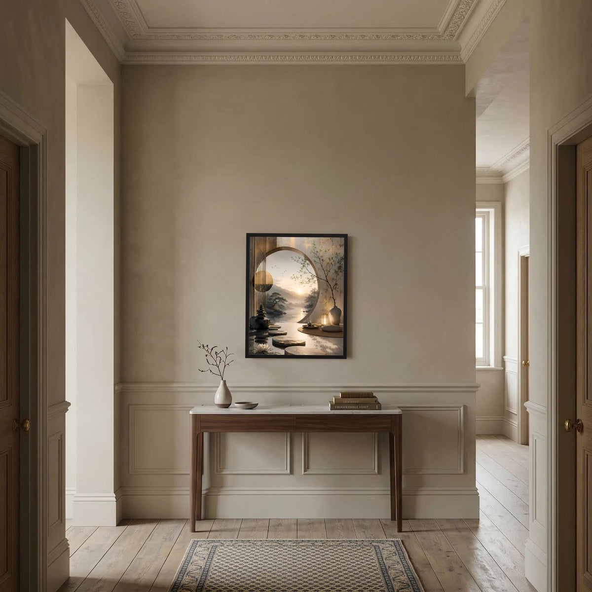 Hochformat-Poster im schwarzen Rahmen mit asiatischer Zen-Landschaft, rundem Mond und Wasserlandschaft