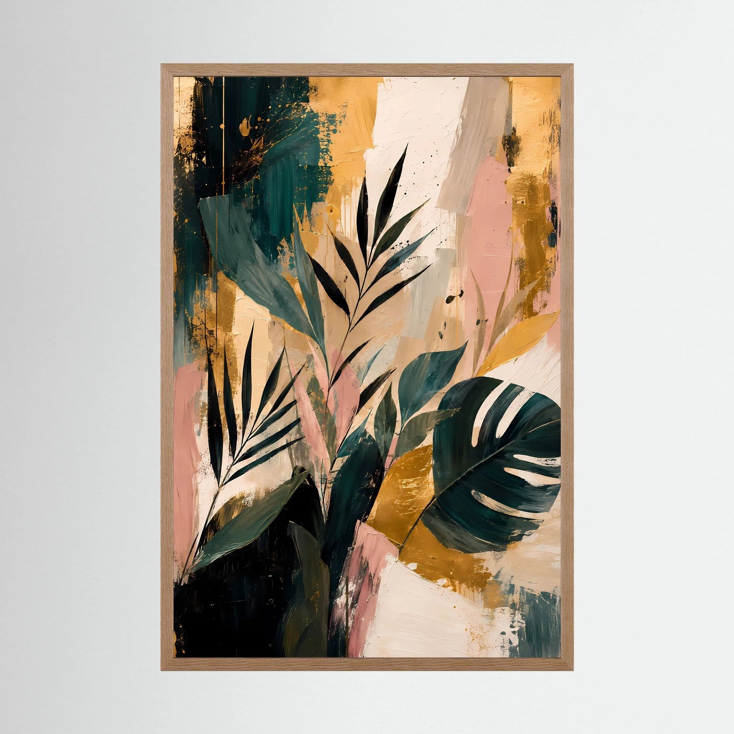 Abstrakte tropische Blätter | Botanische Kunst in Petrol, Rosa und Gold | Poster Hochformat