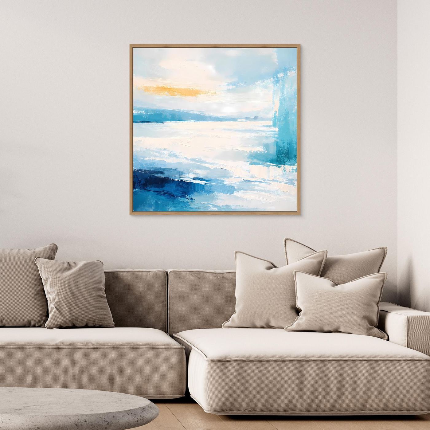 Leinwandbild mit maritimer Abstraktion, blaue Küstenlandschaft, goldener Rahmen
