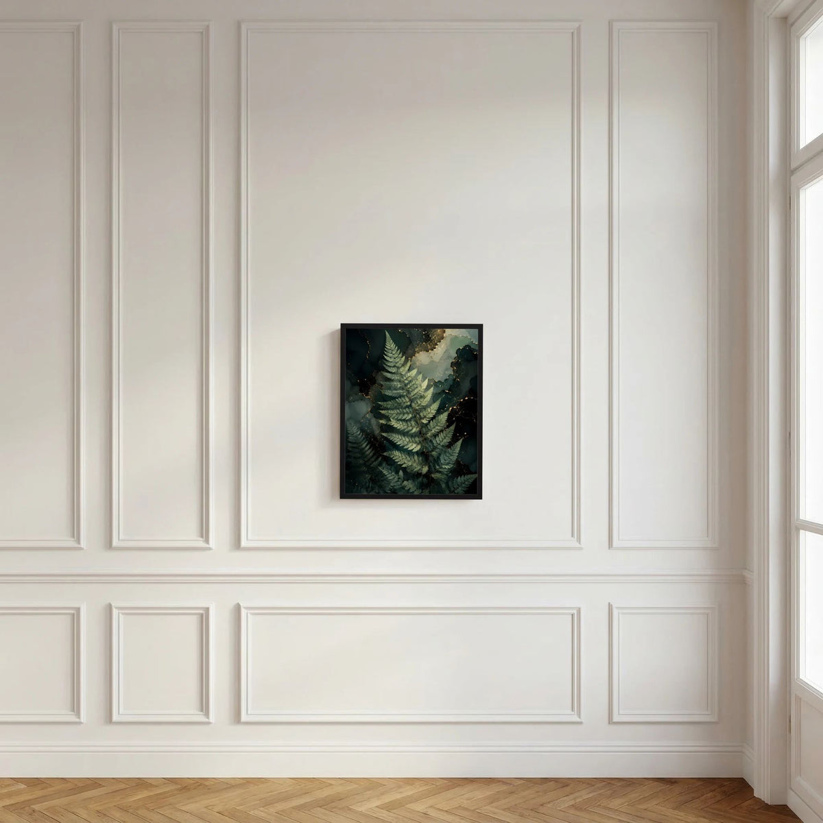Schwarz gerahmtes Kunstposter mit Farnwedel-Motiv, Dunkelgrün, mit goldenen Akzenten