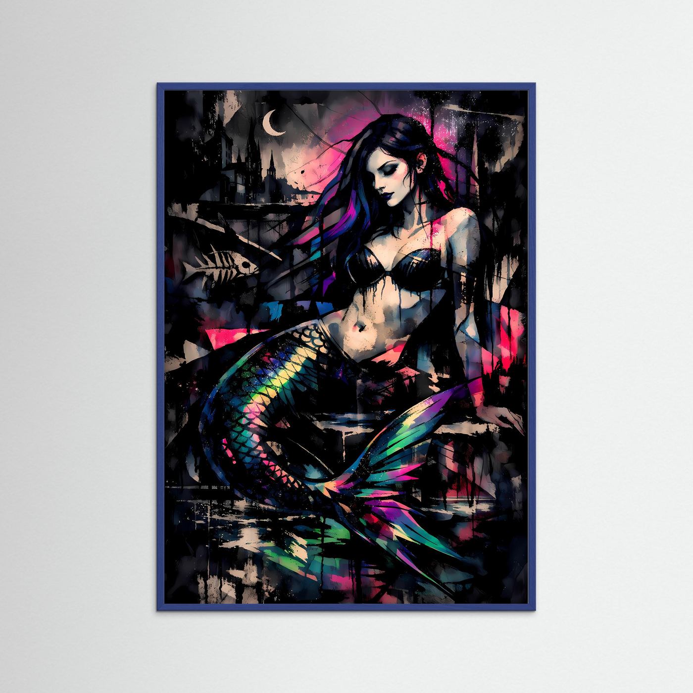 The Dark Mermaid | Luxuriöses Meerjungfrauen Poster Bunt & Schwarz | Abstraktes Sirenen Kunstposter Hochformat