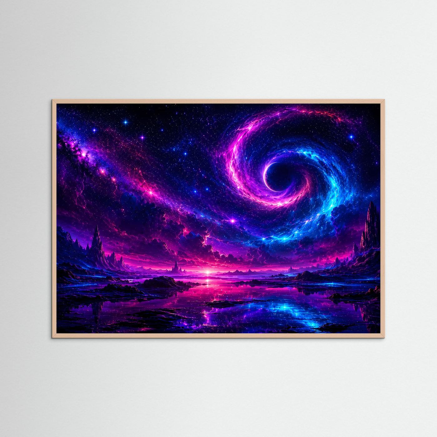 Kosmischer Wirbel Poster Querformat | Neon Galaxie Wandbild in Pink Blau | Futurale Weltraum Kunst mit Sternenhimmel