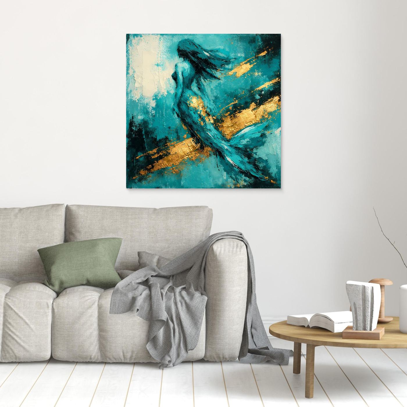 Leinwand Elegante Meerjungfrau in Türkis | Abstraktes Nixen Wandbild Gold Blau