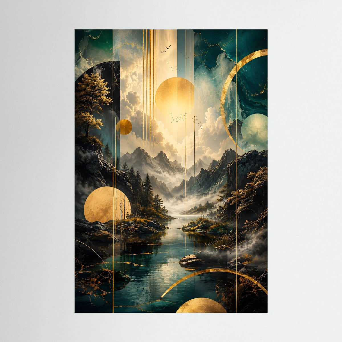 Hochformatiges Poster mit abstrakter Berglandschaft in Petrol und Gold, geometrische Formen