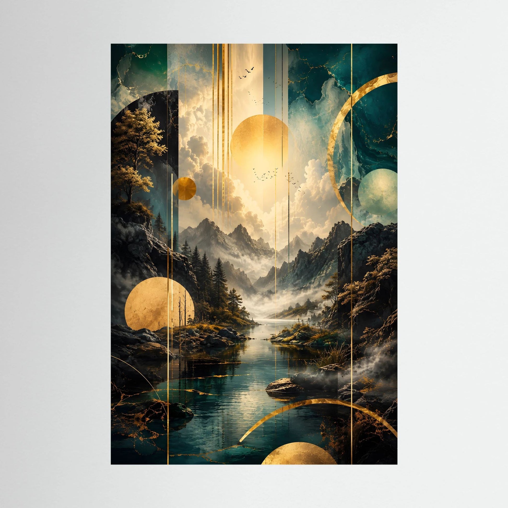 Hochformatiges Poster mit abstrakter Berglandschaft in Petrol und Gold, geometrische Formen