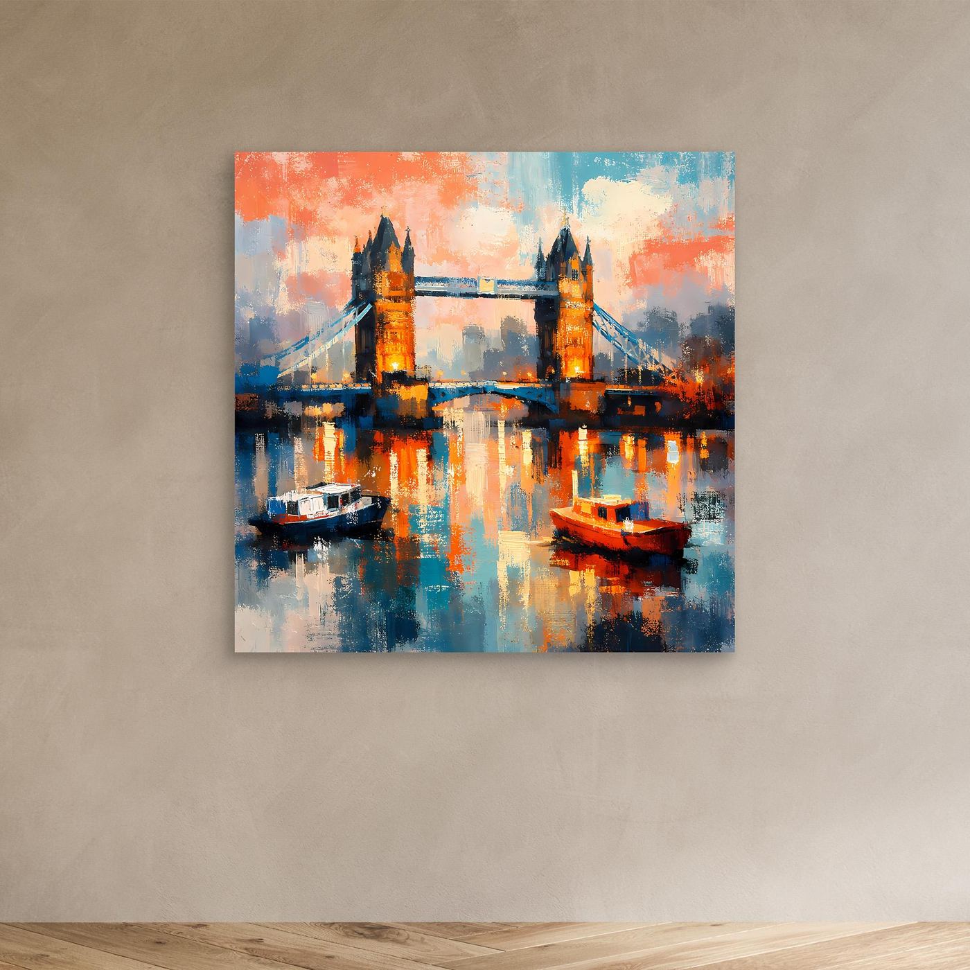 Leinwandbild mit abstrakter Tower-Bridge bei Nacht, Boote und leuchtende Farben in der Szene