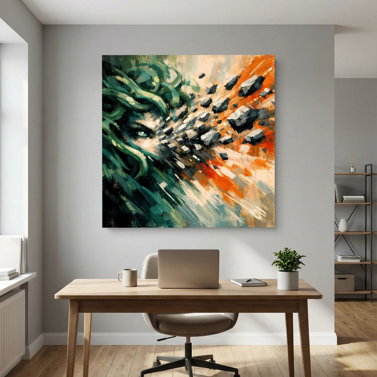Leinwandbild mit Medusa-Auge im Zentrum, grünem Pinselduktus und orange-schwarzen Akzenten