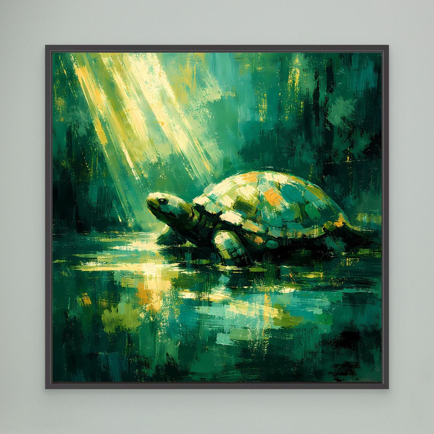Leinwand Mystische Schildkröte im Lichtstrahl | Abstraktes Natur Wandbild Grün