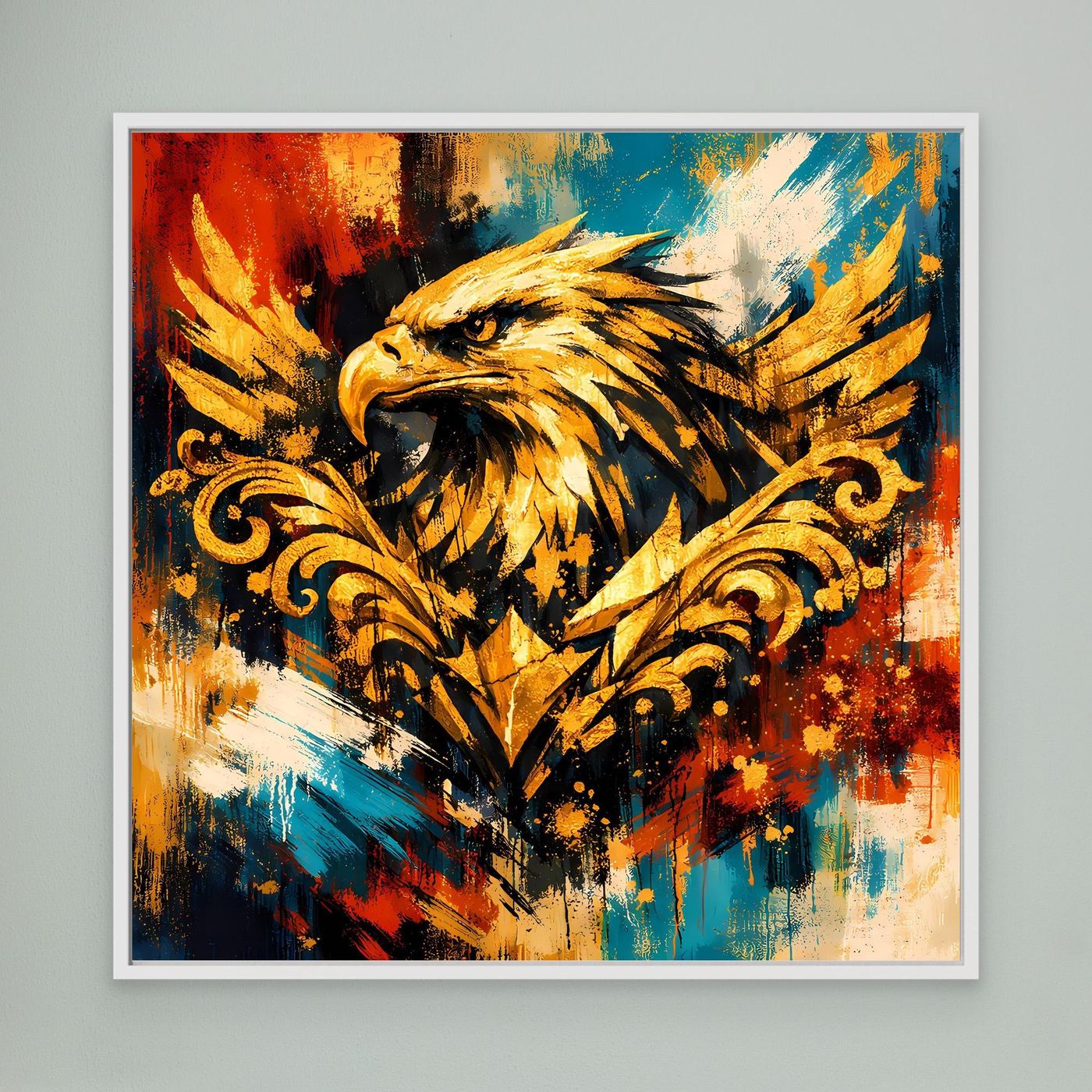 Leinwand-Wandbild mit goldenem Adler im Barockstil, abstrakt, weiß gerahmt