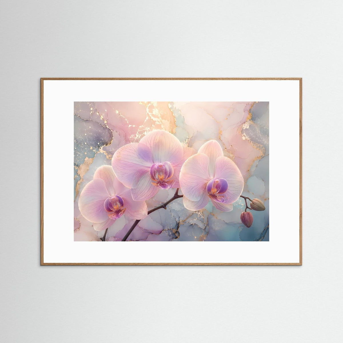Orchideen-Wandbild mit rosafarbenen Phalaenopsis-Blüten im hellbraunen Holzrahmen