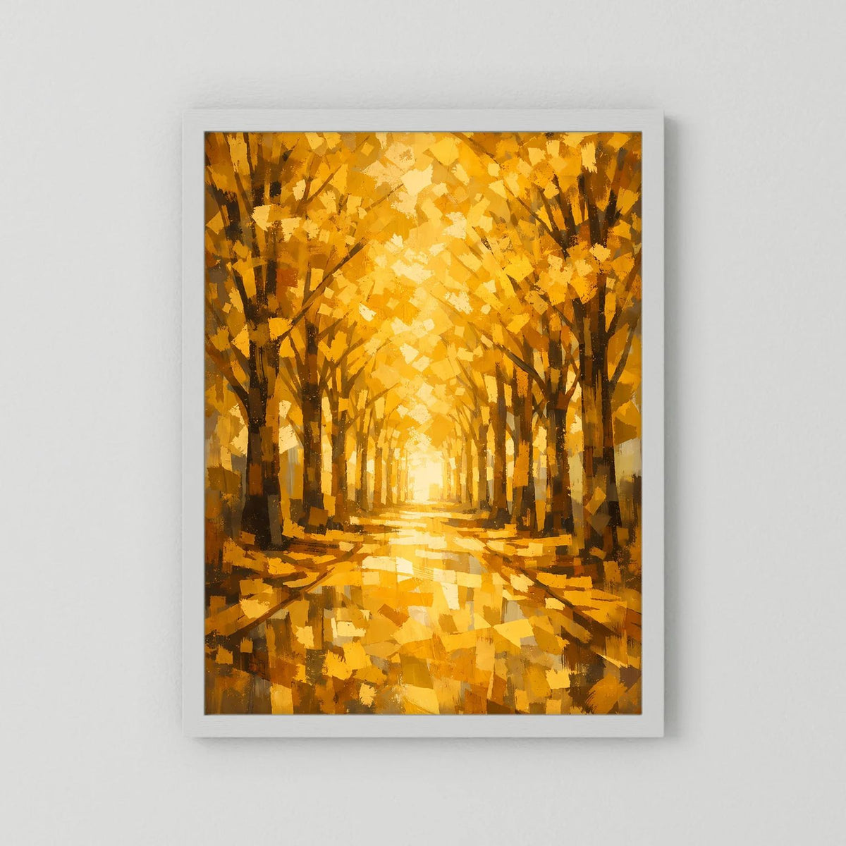 Herbstwald-Poster mit Baumallee im goldenen Licht, weiße Rahmenumrandung, Hochformat