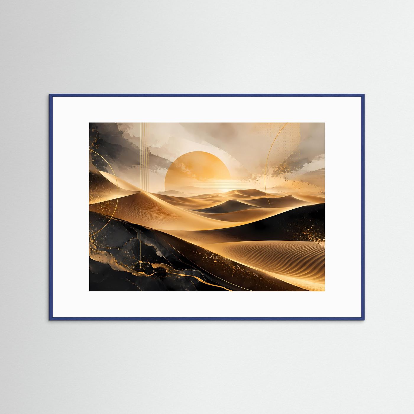 Gerahmtes Poster Wüste: abstrakte Dünen in Schwarz und Gold, blauer Rahmen