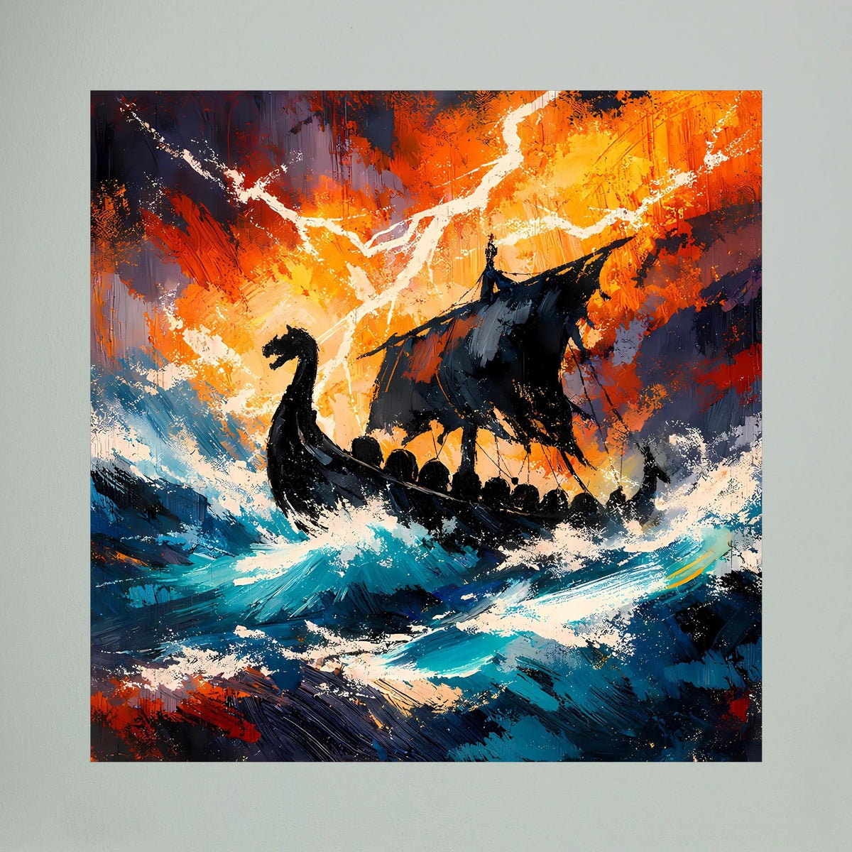 Keilrahmen-Wandbild: schwarzes Wikinger-Langschiff im Sturm, orange-rote Wolken und blaue Wellen