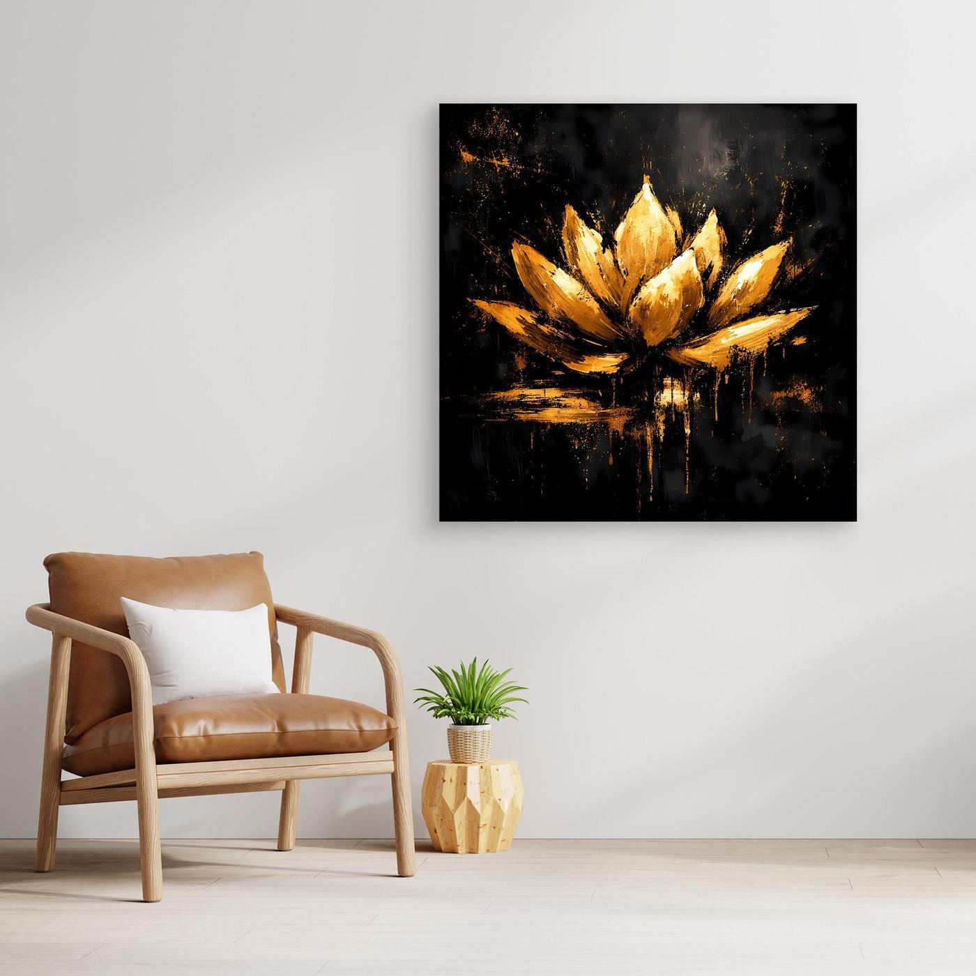 Leinwand Goldene Lotusblüte auf Schwarz | Abstraktes Meditations Wandbild