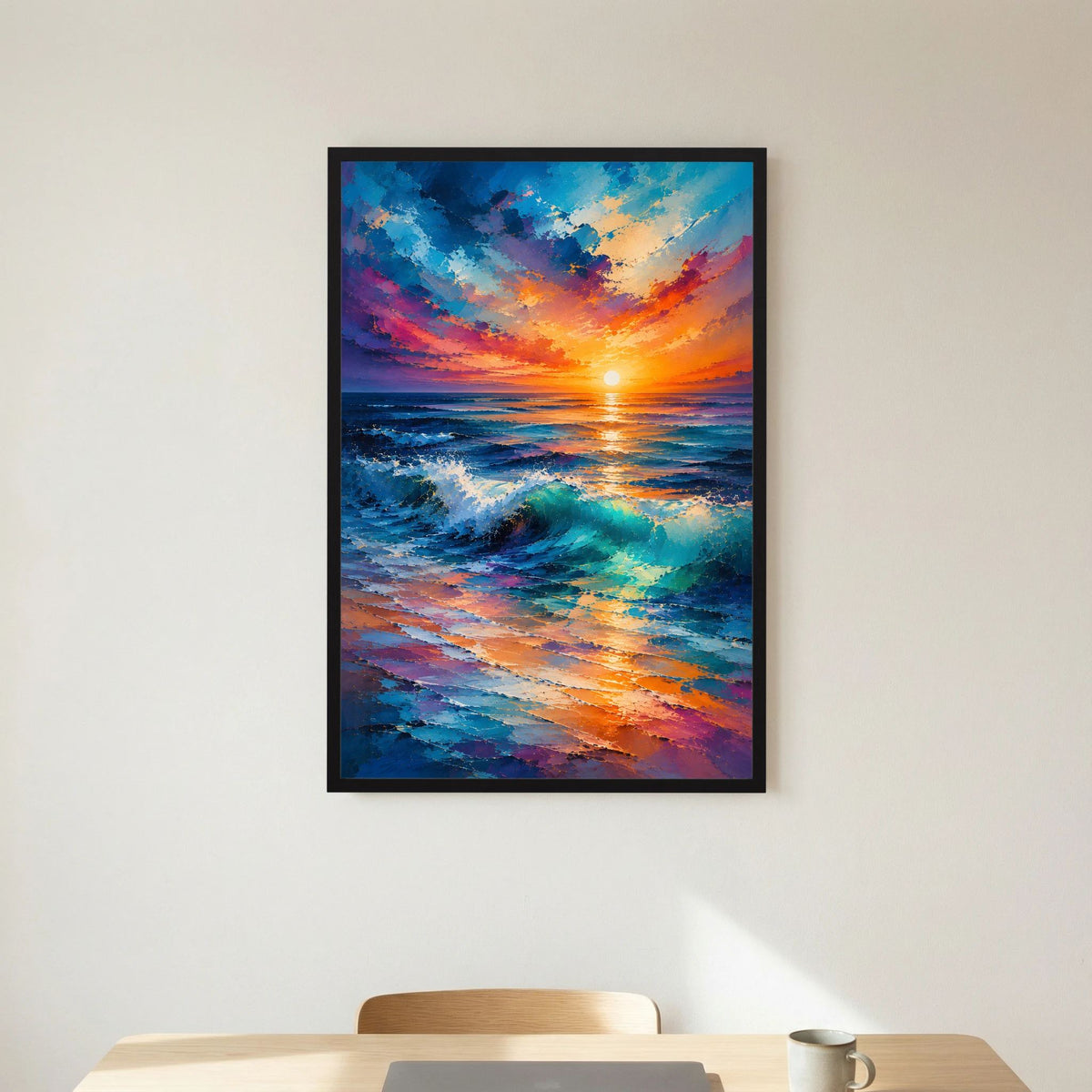 Hochformat-Poster mit Sonnenuntergang über dem Meer, orangefarbene Reflexe und blaue Wellen