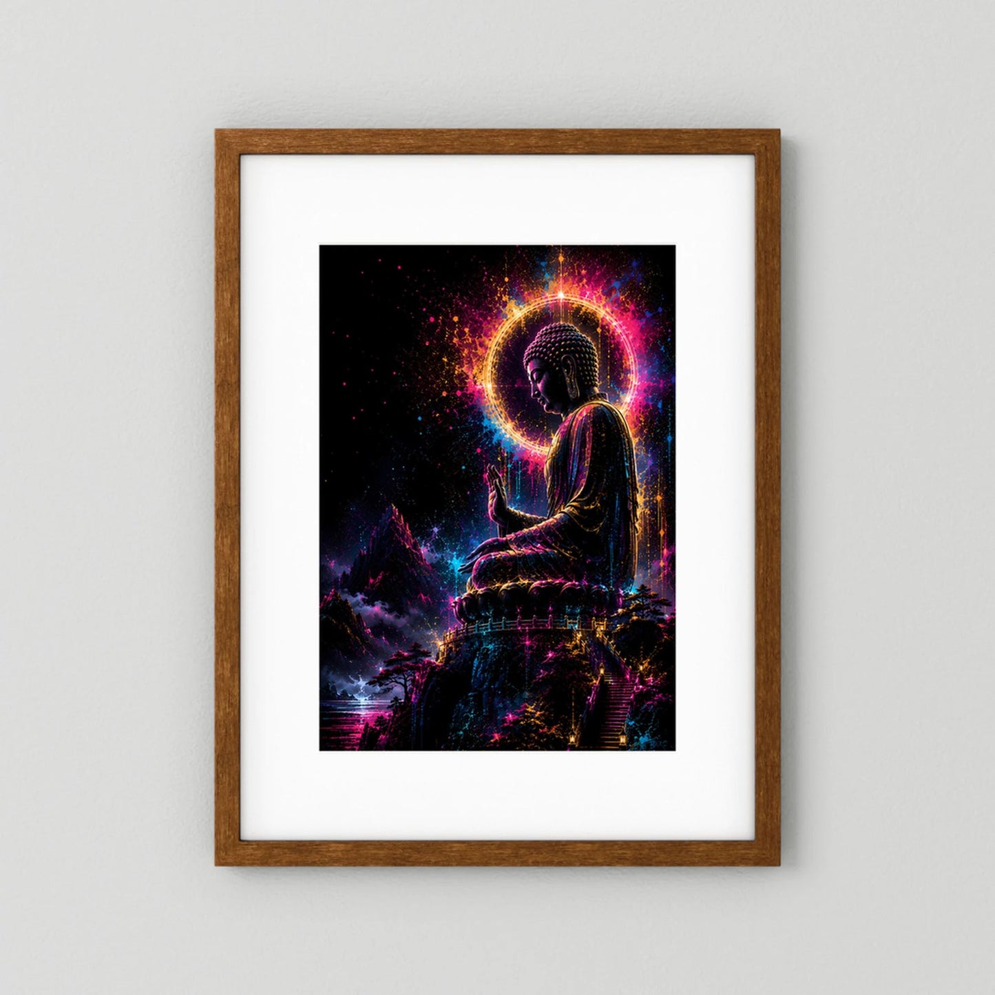 Buddha-Poster im Neonlicht: sitzende Figur mit leuchtender Aura, Holzrahmen mit weißem Rand
