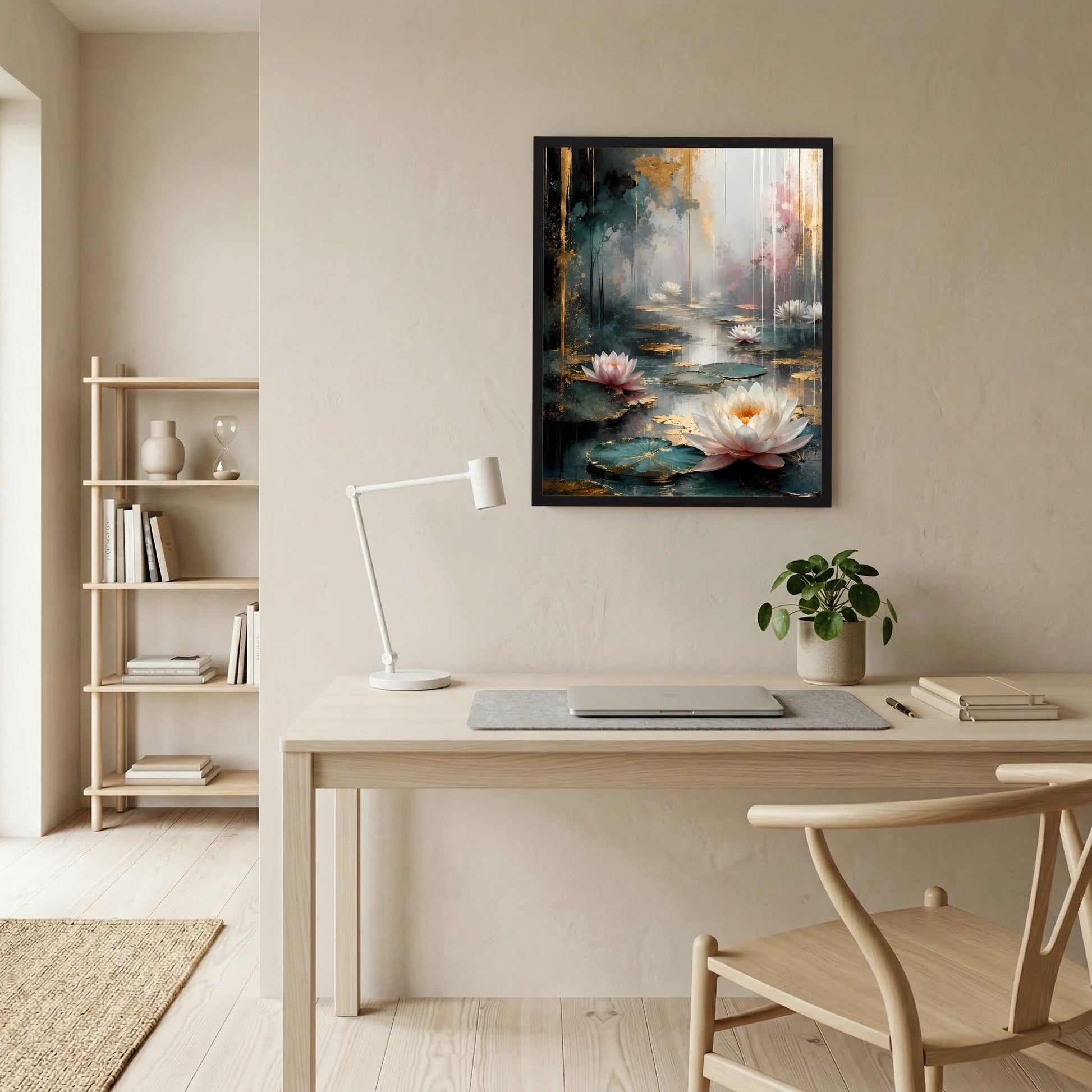 Gerahmtes Poster mit Seerosen in Weiß und Rosa auf dunklem, goldbetontem Motiv