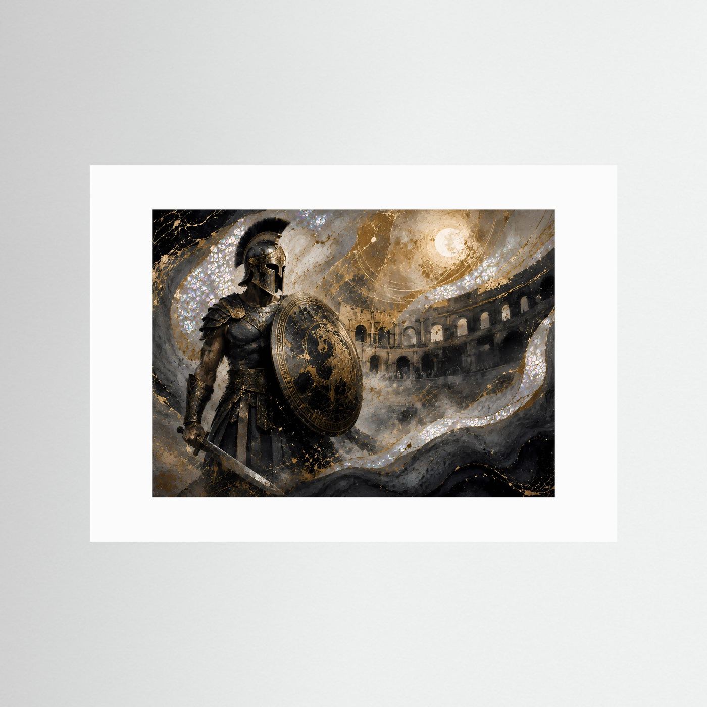 Poster mit weißem Passepartout: römischer Gladiator im dunklen Rüstzeug mit Rundschild