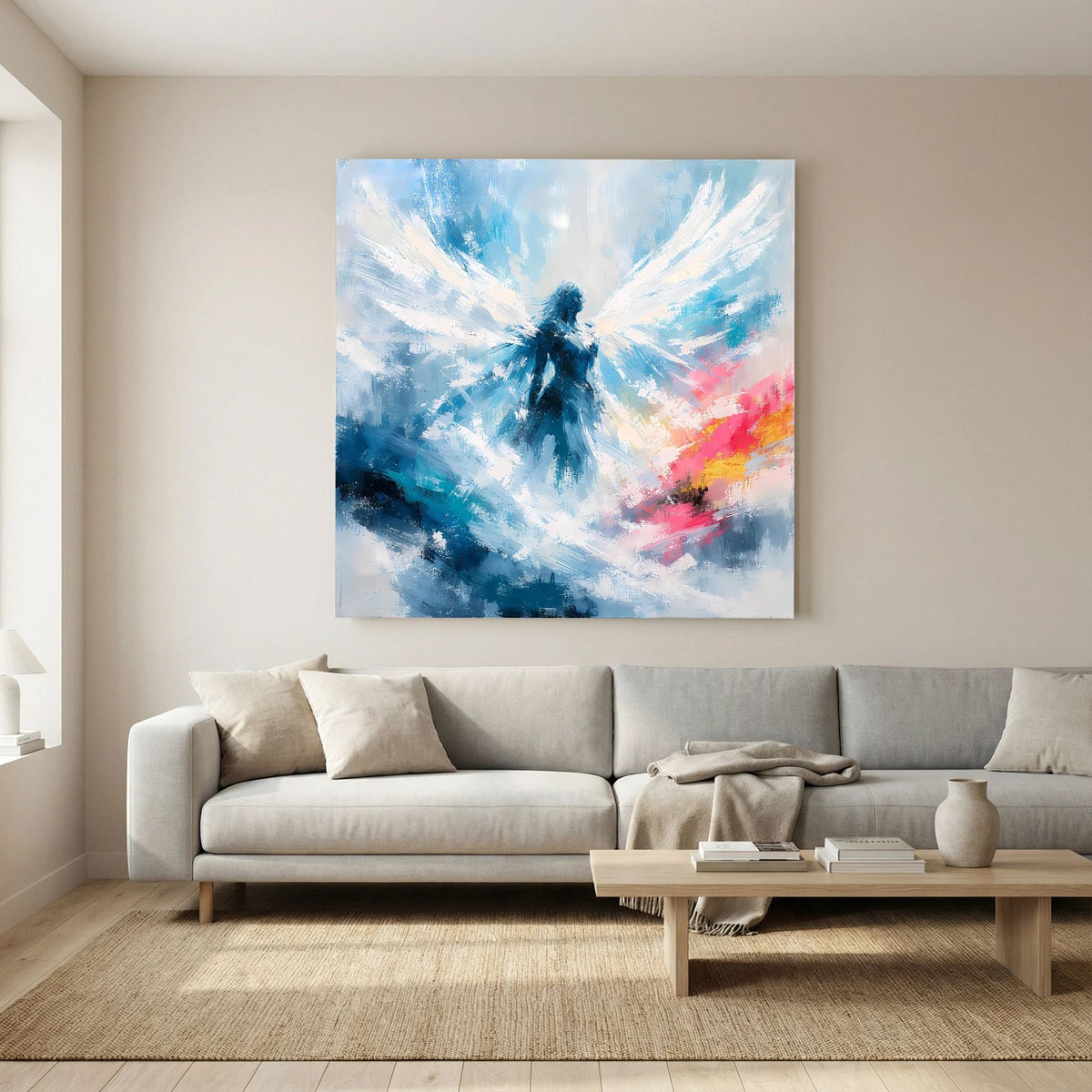 Quadratisches Leinwand-Wandbild: abstrakter Engel mit hellen Strahlen in Weiß und Blau plus Rosa.