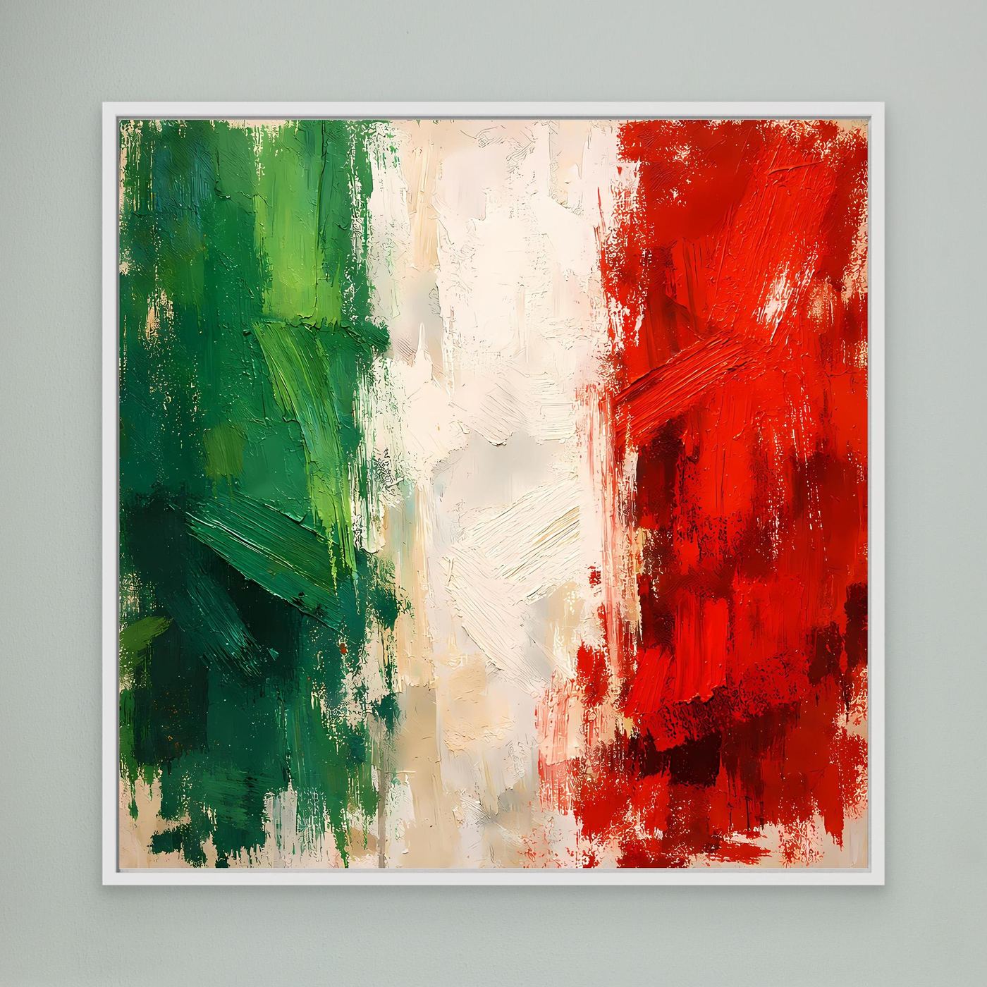 Abstract Italian flag wall canvas with white frame, green and red brush strokes