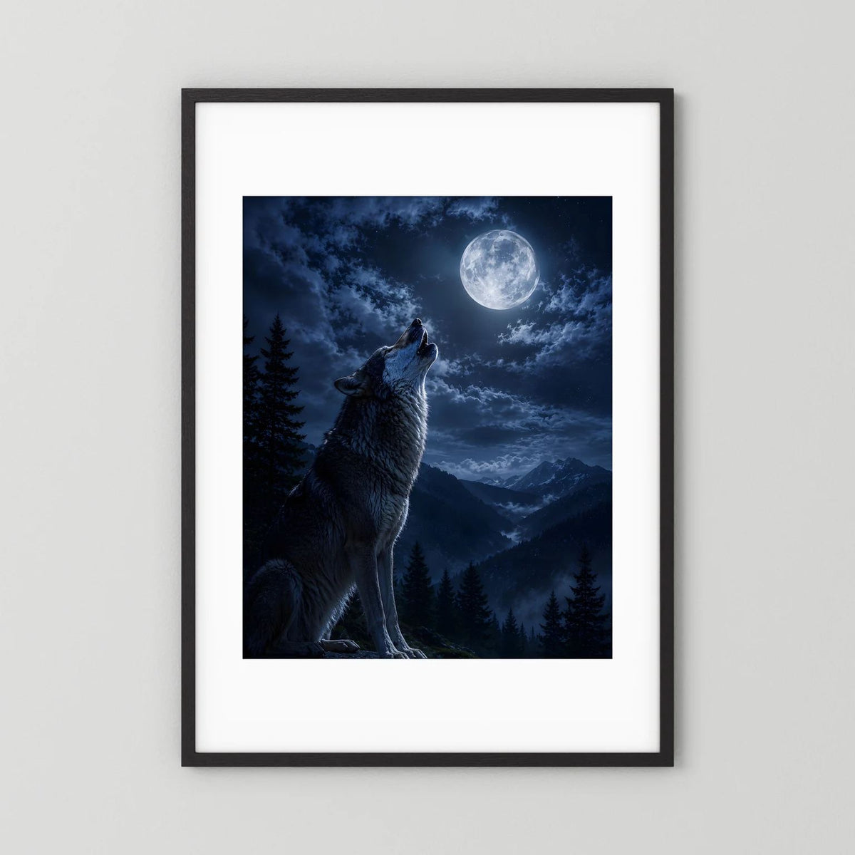 Wandbild im Hochformat mit schwarzem Rahmen und weißem Rand: Heulender Wolf
