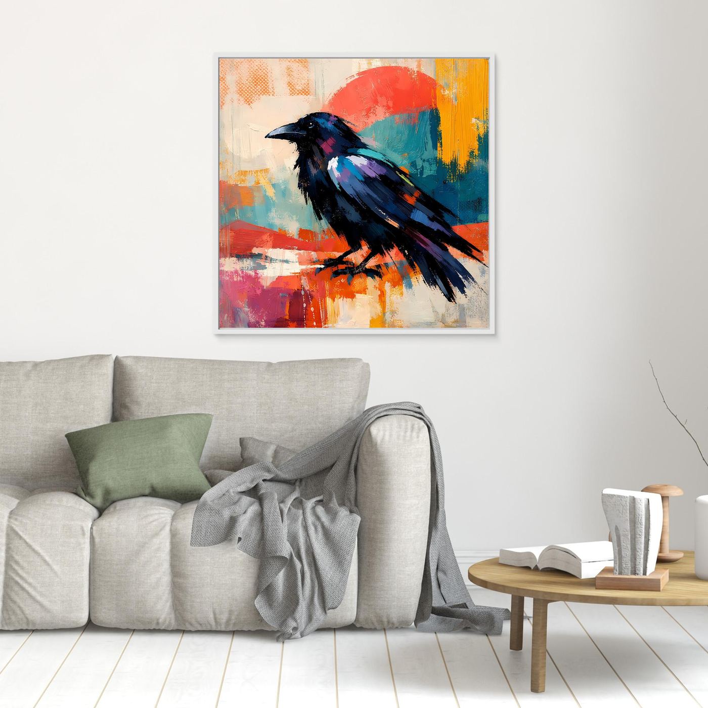 Framed canvas wall art: abstract black-and-blue bird on colorful paint splashes, white frame