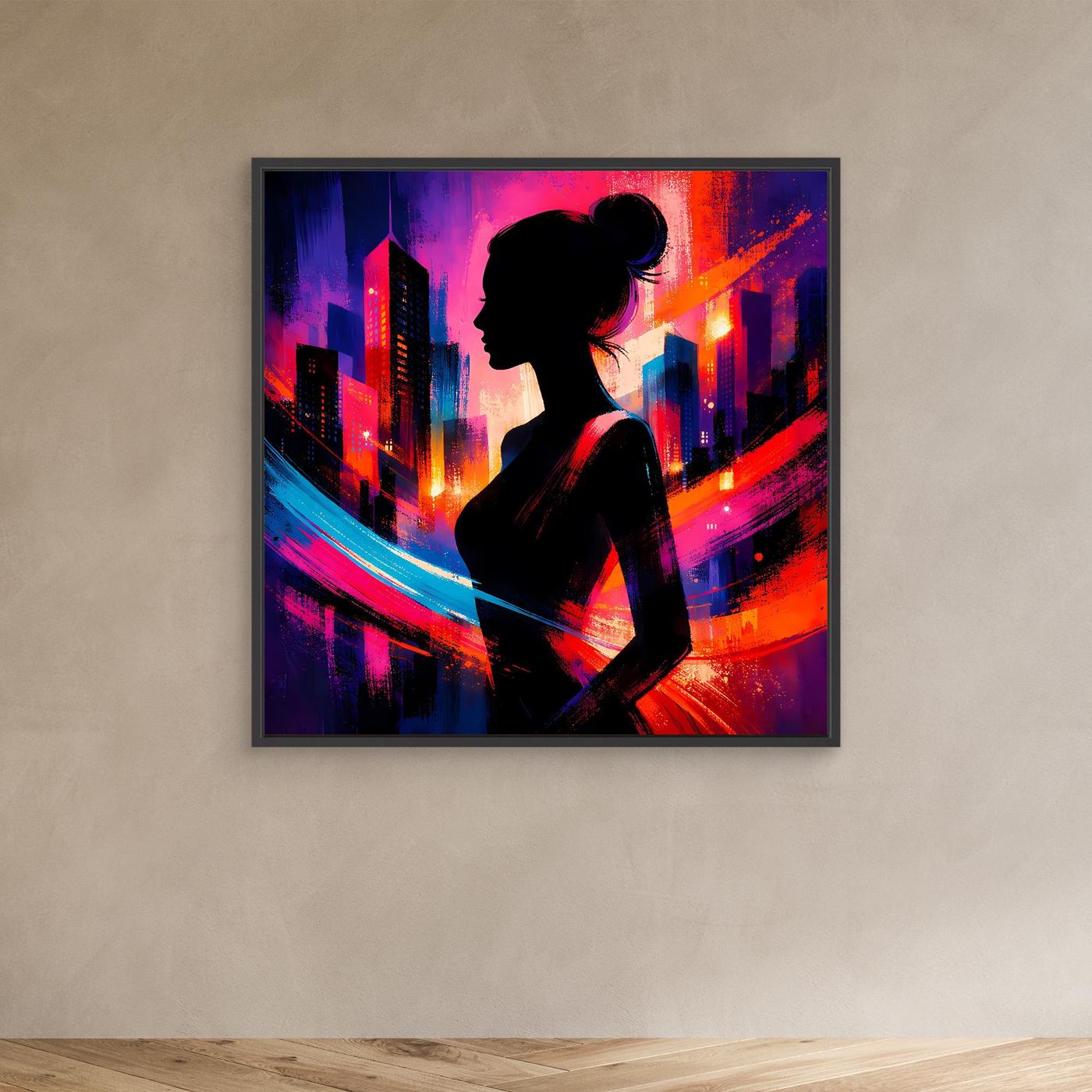 Leinwandbild mit schwarzem Rahmen: Silhouette einer Frau im Profil vor Neon-Skyline